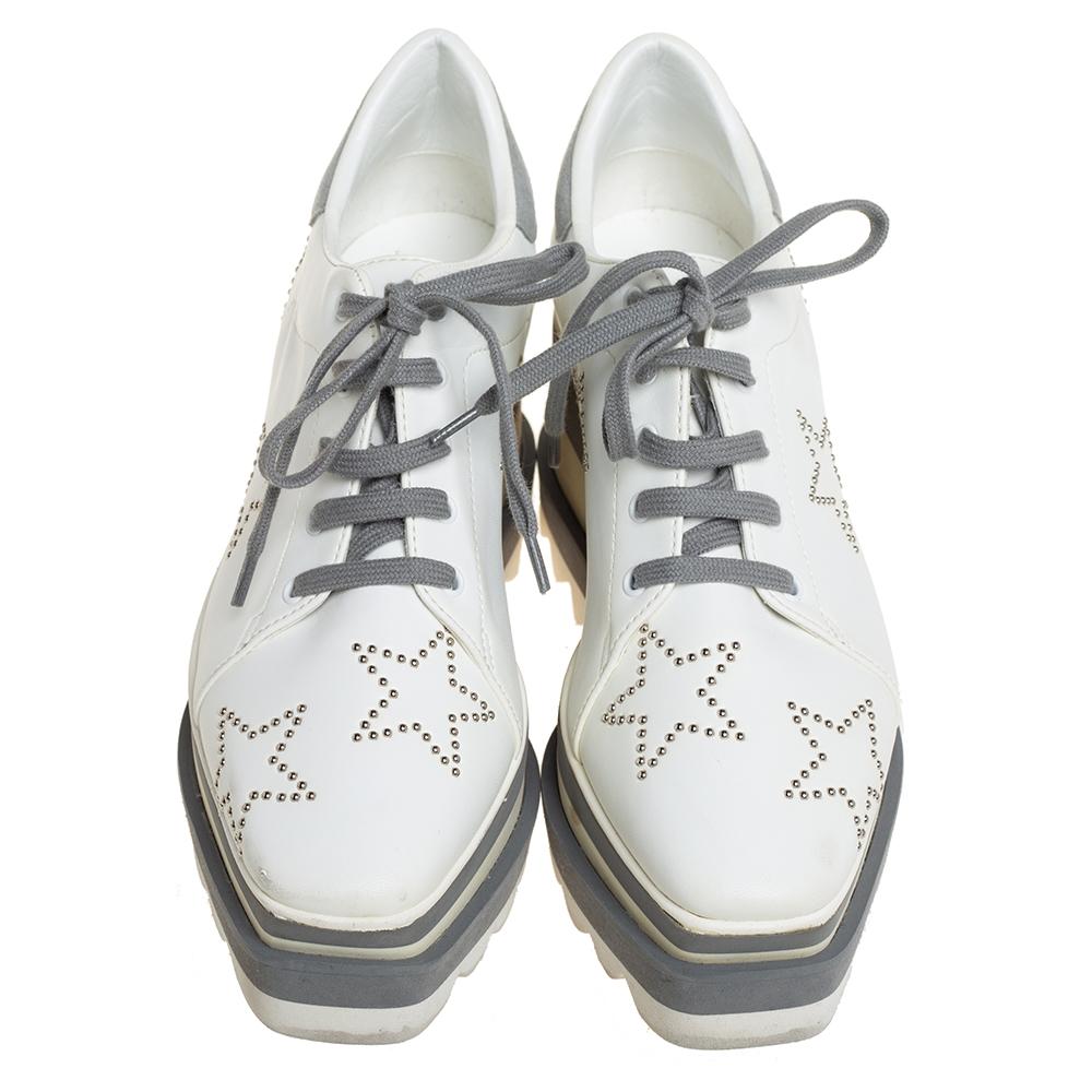 Stella McCartney White/Grey Faux Leather And Suede Elyse Star Sneakers Size 35 In Good Condition In Dubai, Al Qouz 2