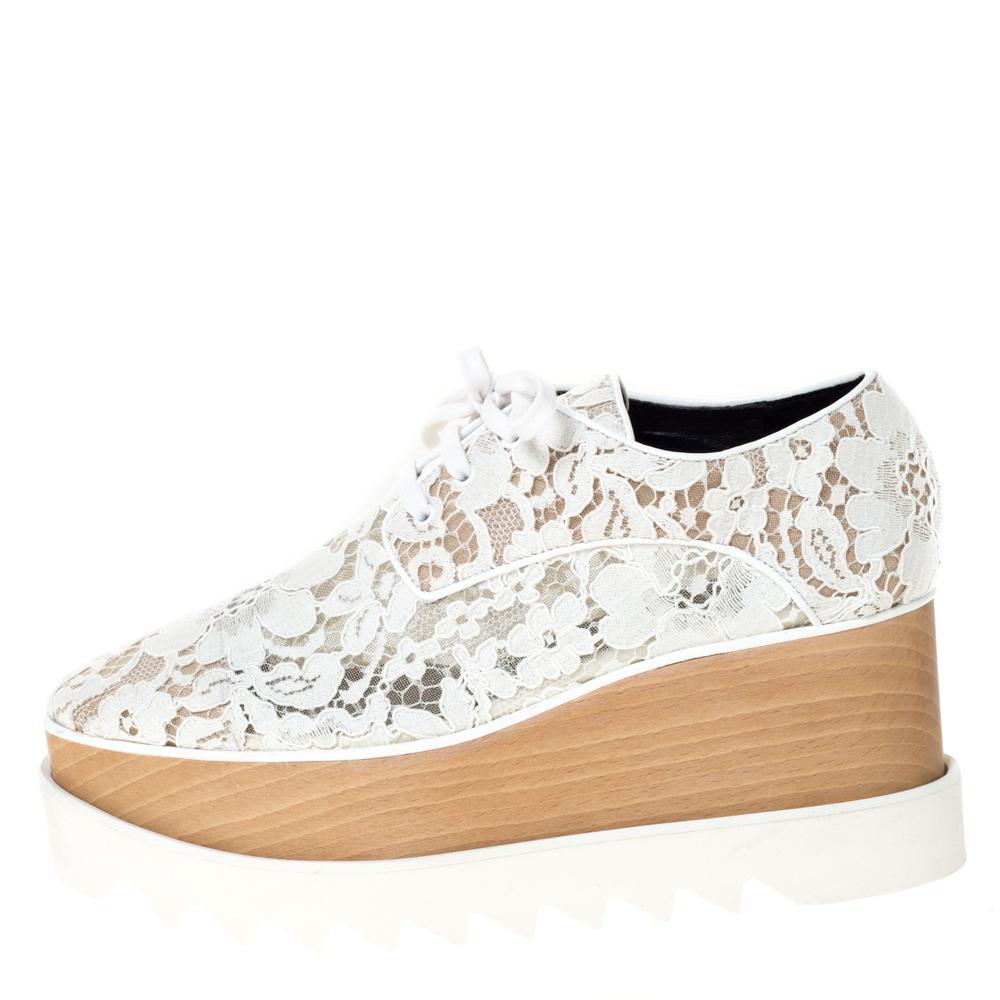 Women's Stella McCartney White Lace Elyse Platform Lace Up Sneakers Size 38.5