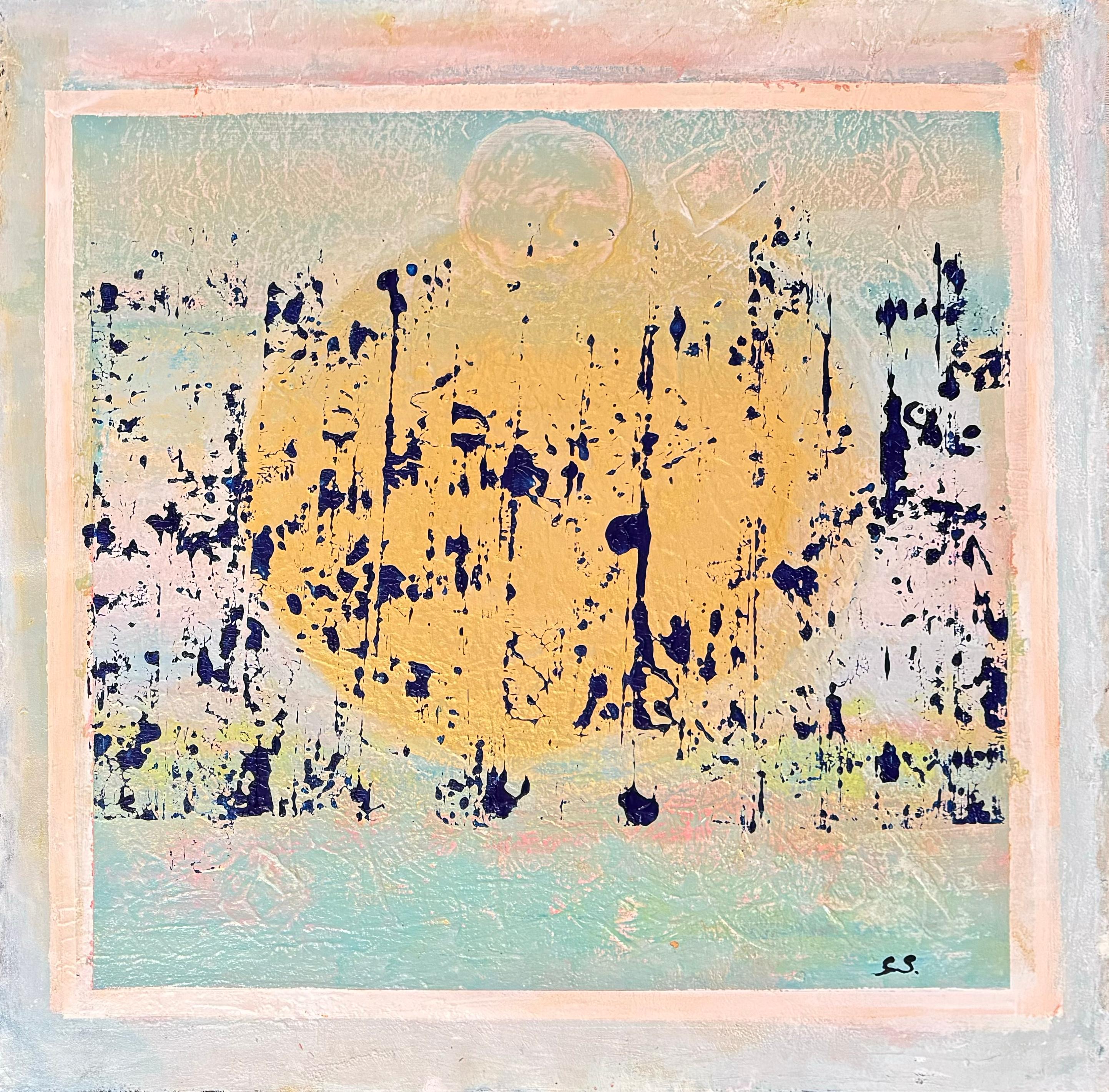 a place in the sun III, Contemporary Abstract, enamel gold acrylic canvas, 2023 - Painting by Stella Michaels