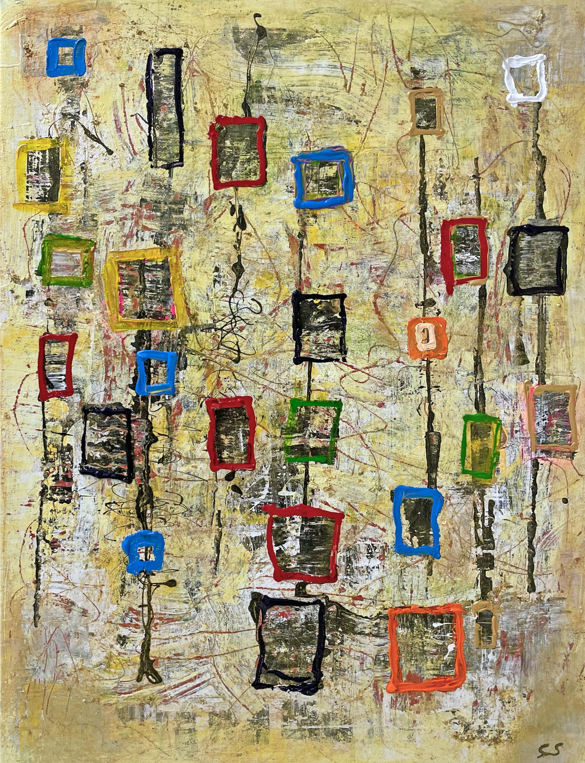 Noise inside my Head, Abstract Pop Geometric, enamel and acrylic on canvas 2022 - Painting by Stella Michaels