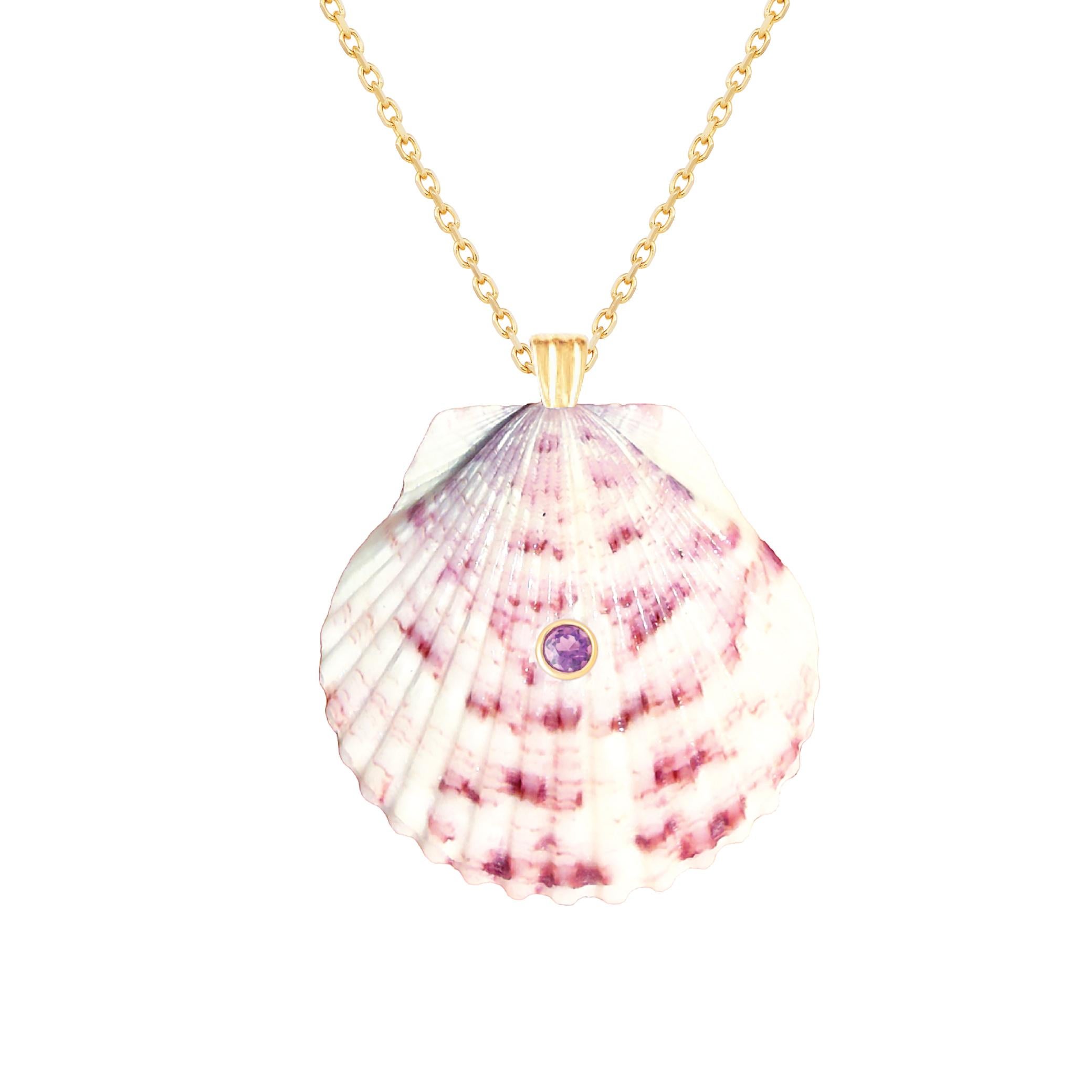 Natural shell pendant with solid 14k gold findings and natural amethyst gemstone. Wear this pendant alone or layer it with other gold chains for a beautiful layered effect.  

Order includes one shell pendant, exactly as depicted in primary image.