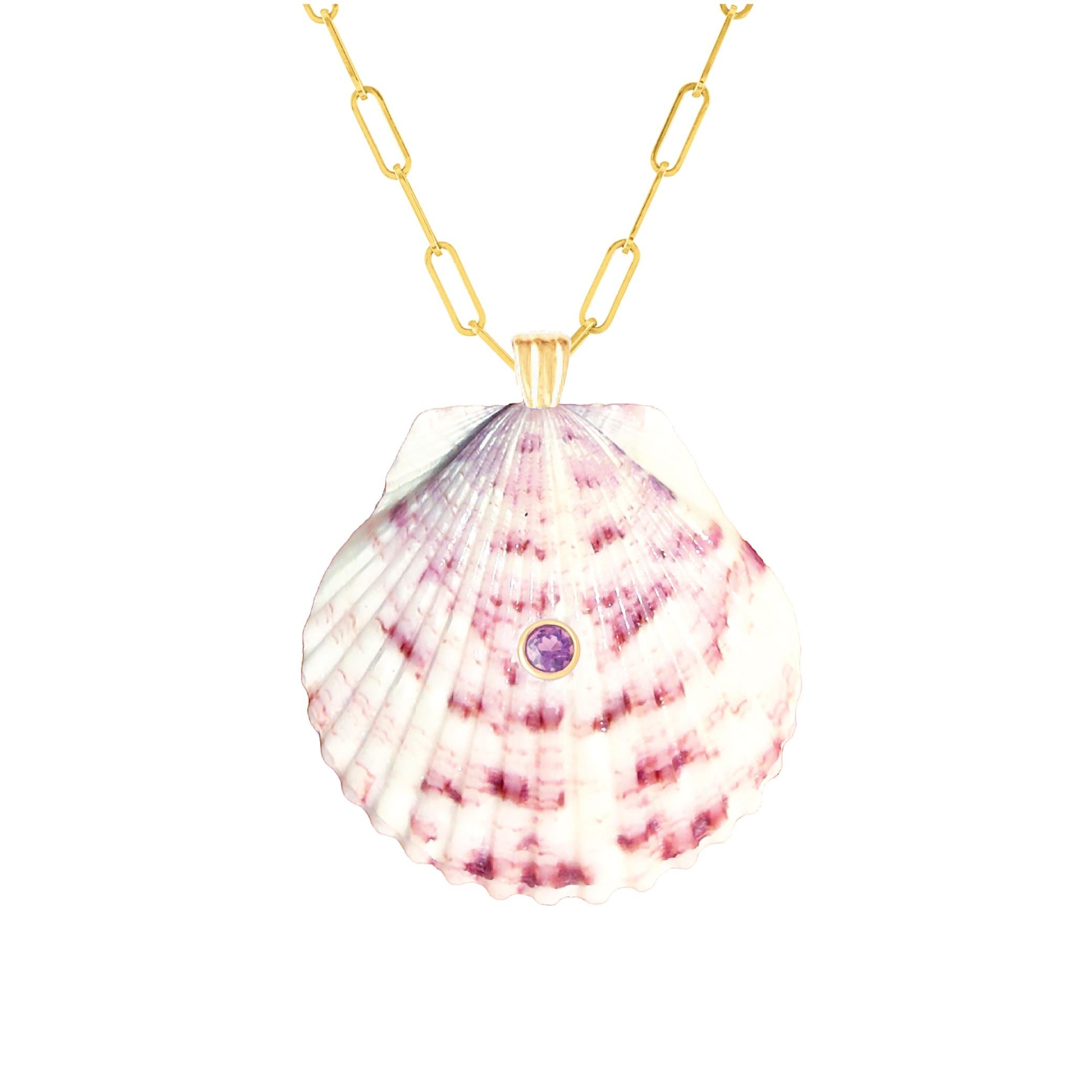 Round Cut Stella Natural Shell Pendant with 14k Gold and Natural Amethyst Gemstone For Sale