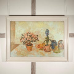 Still Life with Pot Plants - Large 20th Century Flower Still Life Oil Canvas