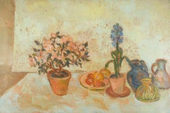 Still Life with Pot Plants - Large 20th Century Flower Still Life Oil Canvas