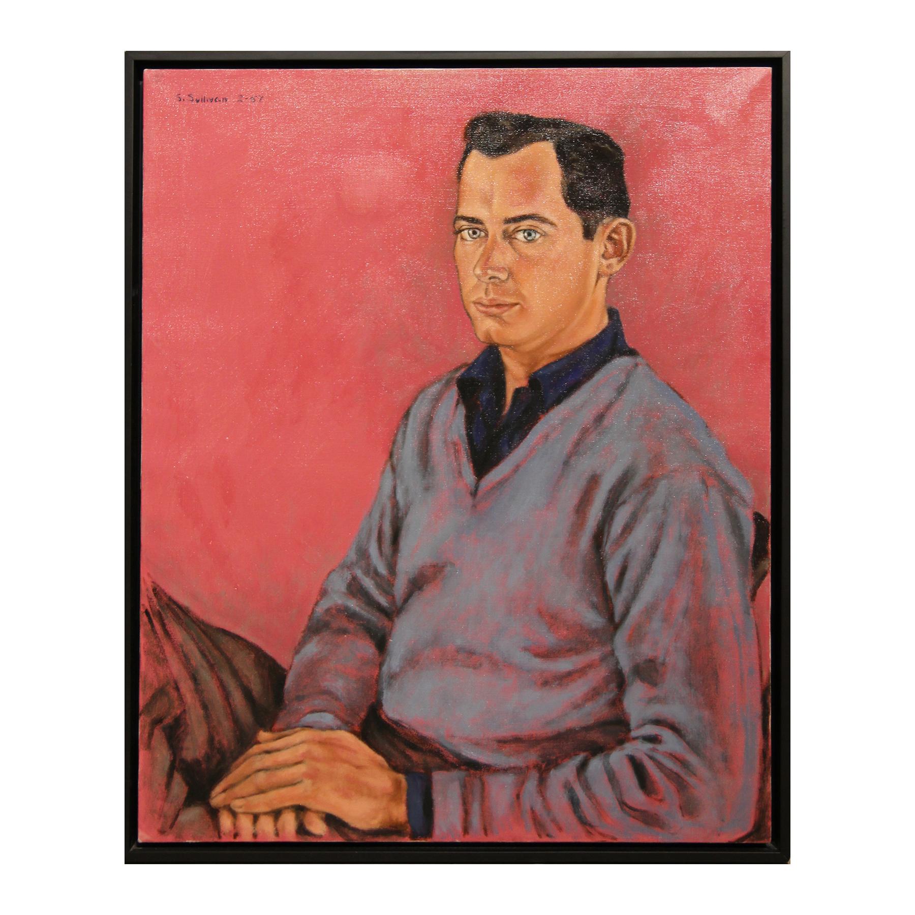 Stella Sullivan Portrait Painting - Naturalistic Red and Blue Toned Seated "Portrait of Oscar McCracken"