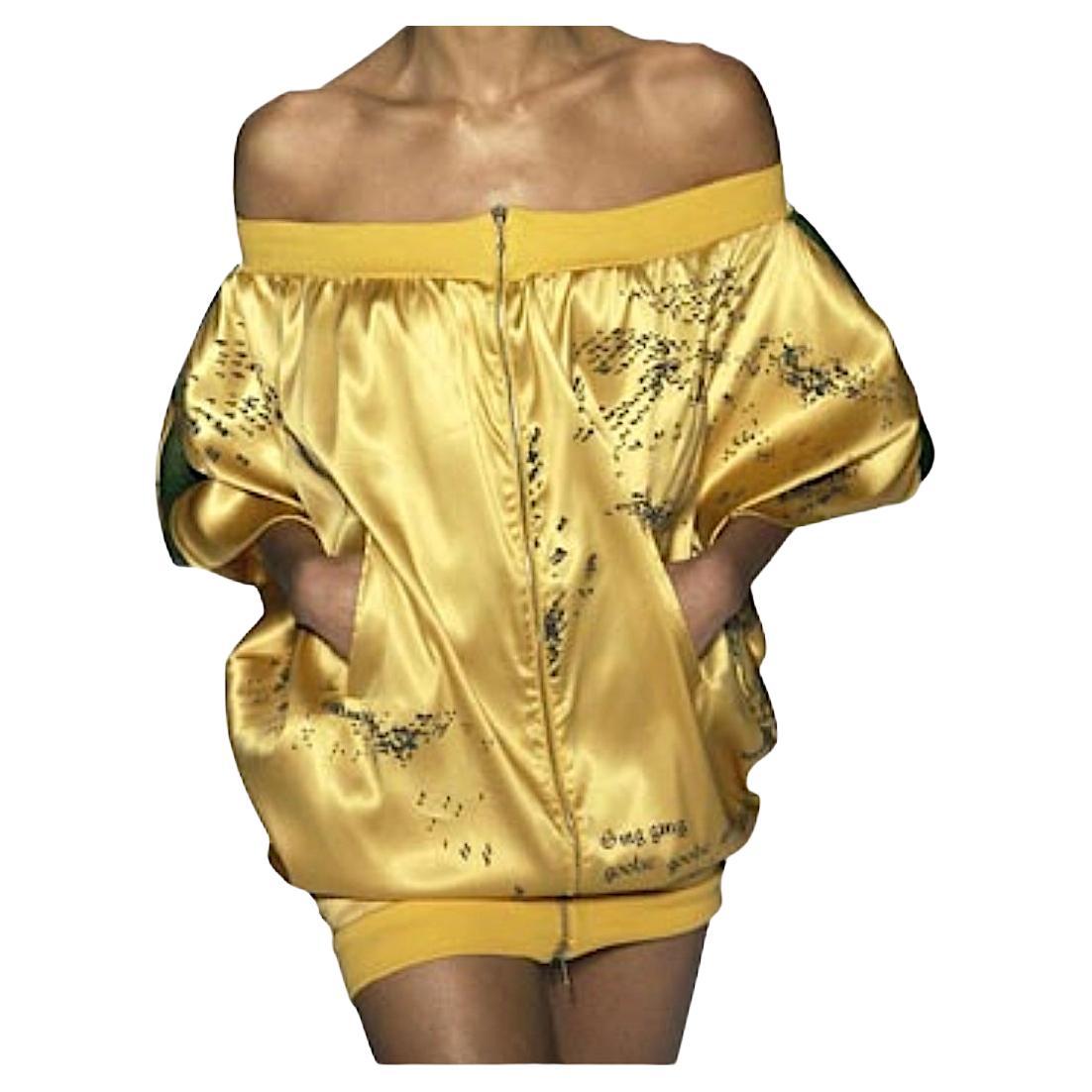 StellaMcCartney 2003 Laufsteg Seide Satin Druck Reißverschluss Jacke schulterfreies Blasenkleid