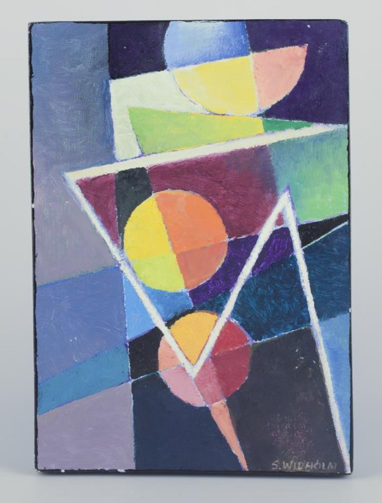 Stellan Widholm (1939-2004), eingetragener schwedischer Künstler.
Öl auf Platte.
Abstrakte Komposition mit Kreisen und Quadraten. 
Bunte Palette
1960er/70er Jahre.
In ausgezeichnetem Zustand.
Unterschrieben.
Abmessungen: 21,0 cm x 30,0 cm.