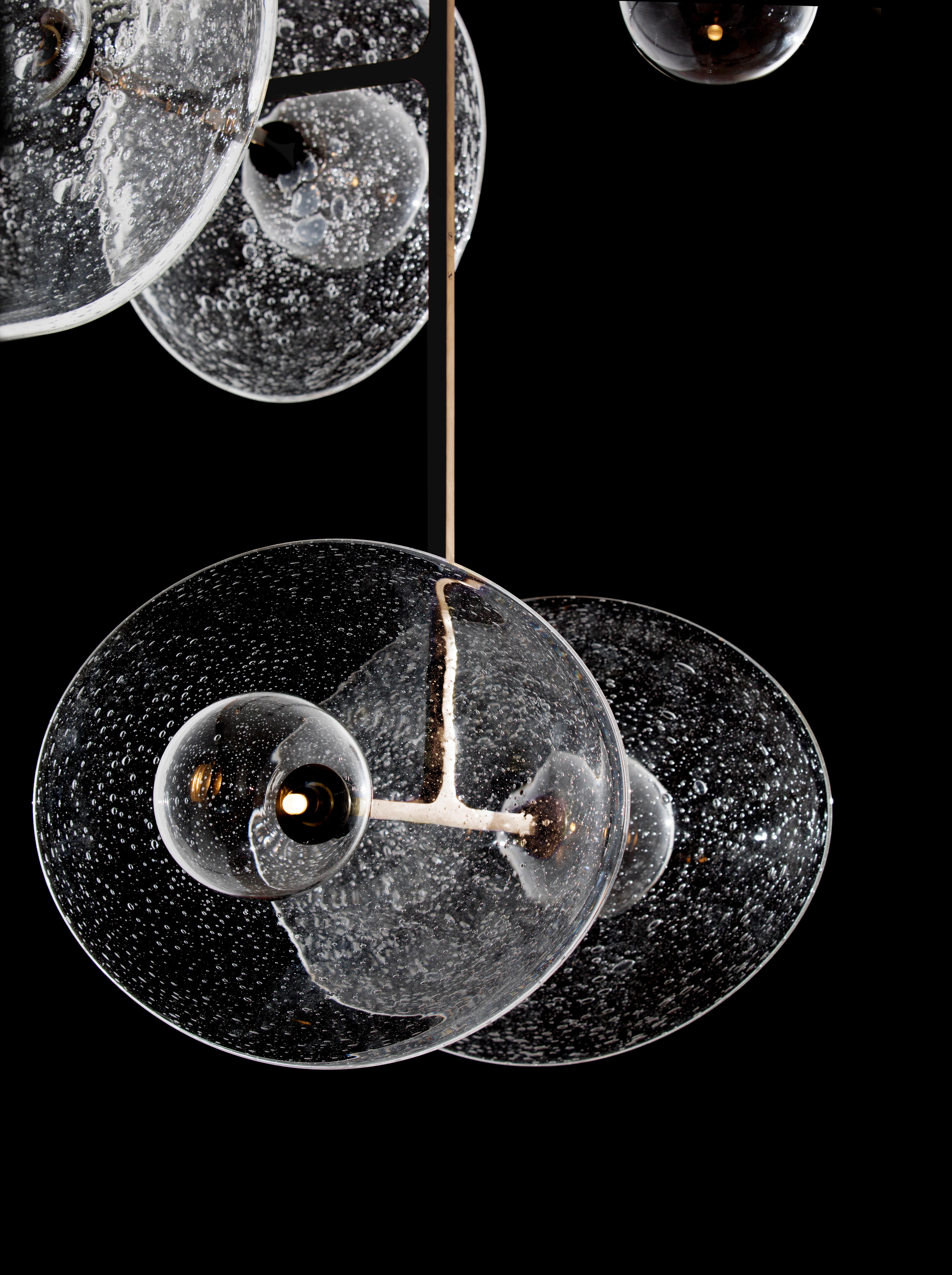 Patinated Stellar 6-Point Vertical Pendant - patinated brass & hand blown glass For Sale
