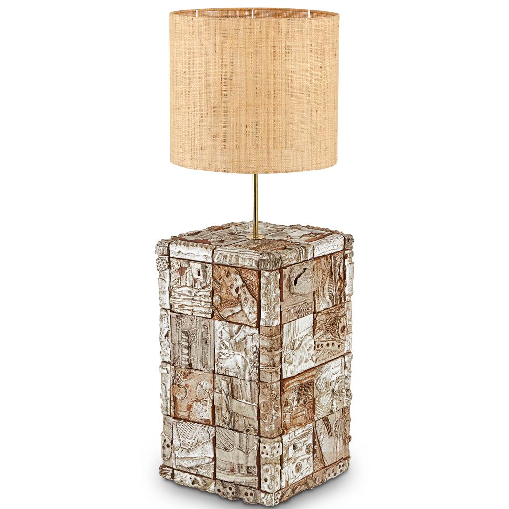 Hand-Crafted Stellar 70's Inspired, Large Modern Handmade Ceramic, Brass & Raffia Table Lamp For Sale