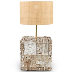 Stellar 70's Inspired, Small Modern Handmade Ceramic, Brass & Raffia Table Lamp