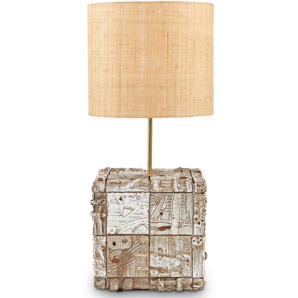 Contemporary Stellar 70's Inspired, Small Modern Handmade Ceramic, Brass & Raffia Table Lamp  For Sale