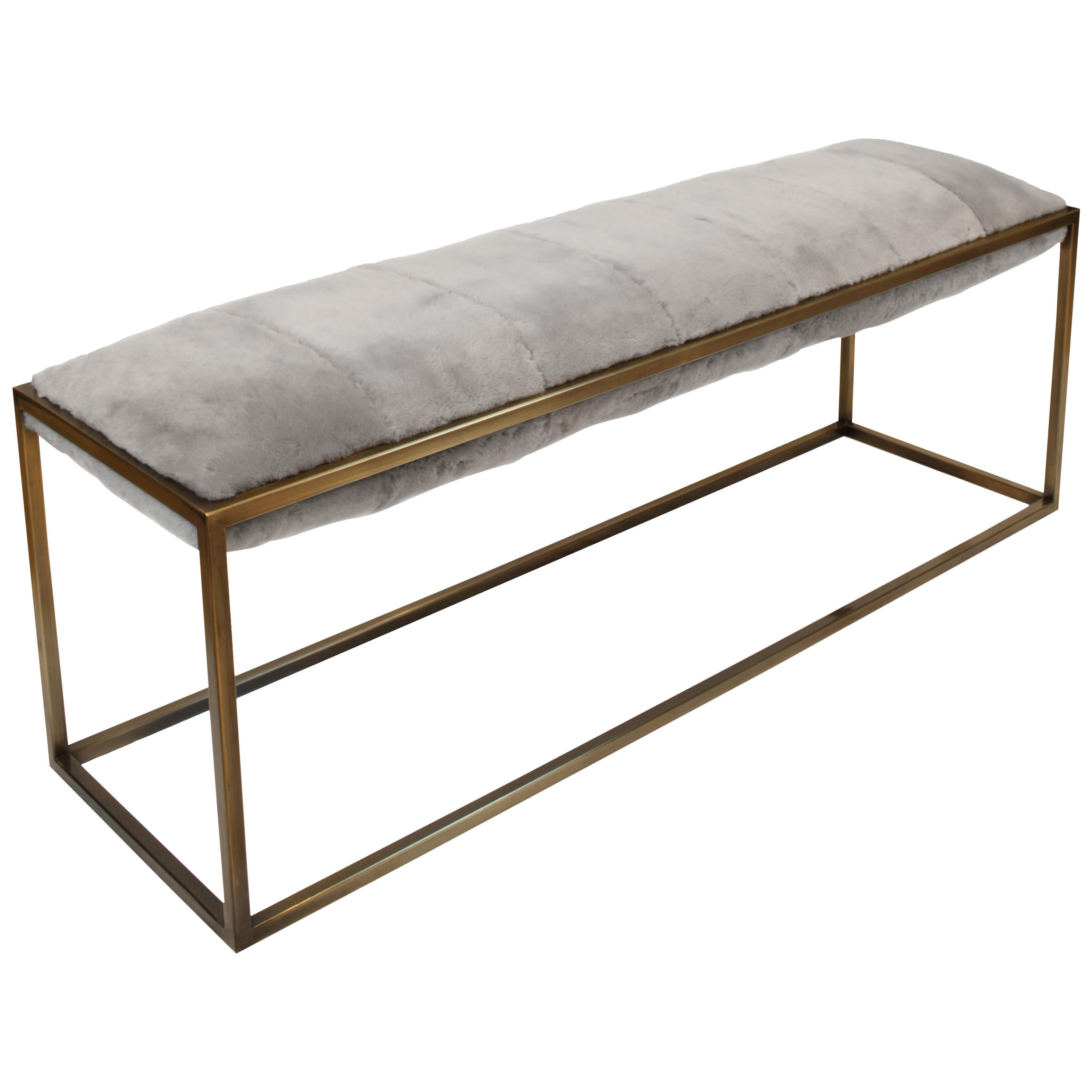 Stellar Bedroom Bench Grey Sheepskin Seat and Industrial Bronze Frame