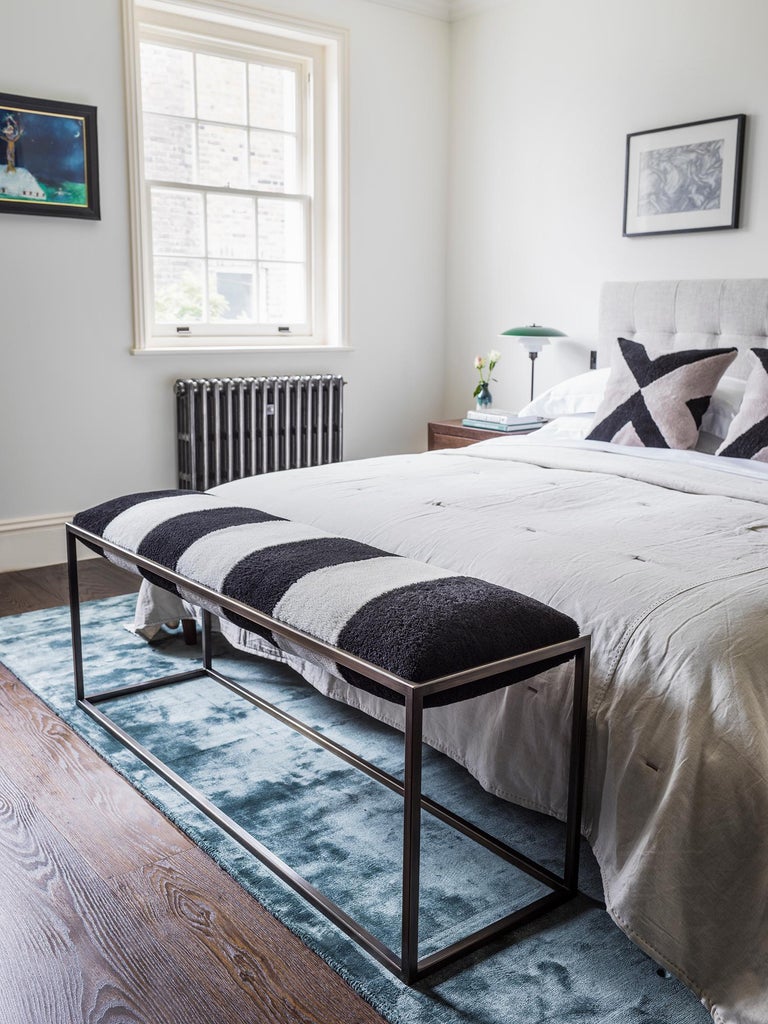Stellar Bedroom Bench With Black And White Sheepskin Seat And Bronze Metal Frame