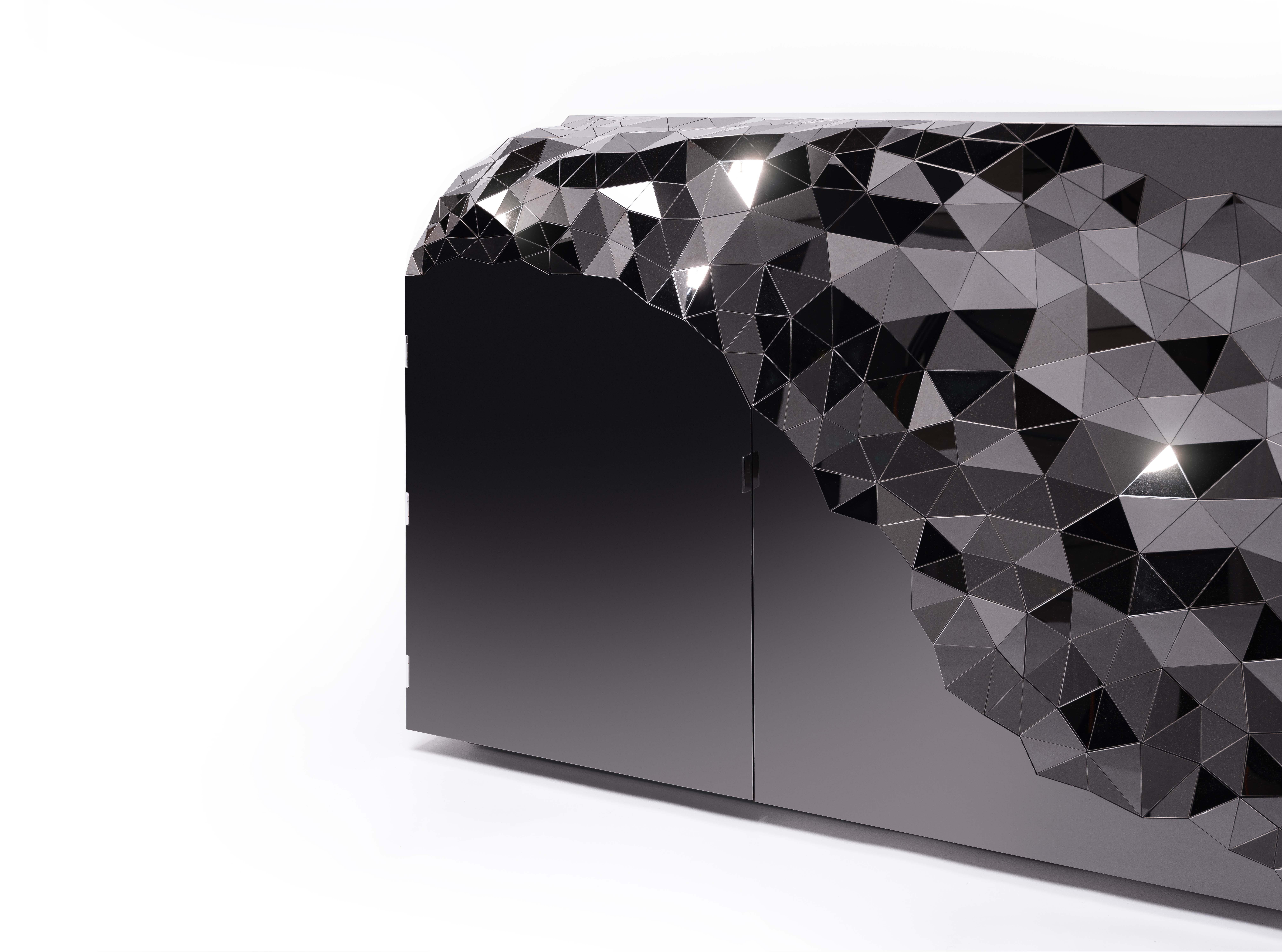 British STELLAR Cabinet in Onyx Black Mirror Polished Steel by Jake Phipps For Sale
