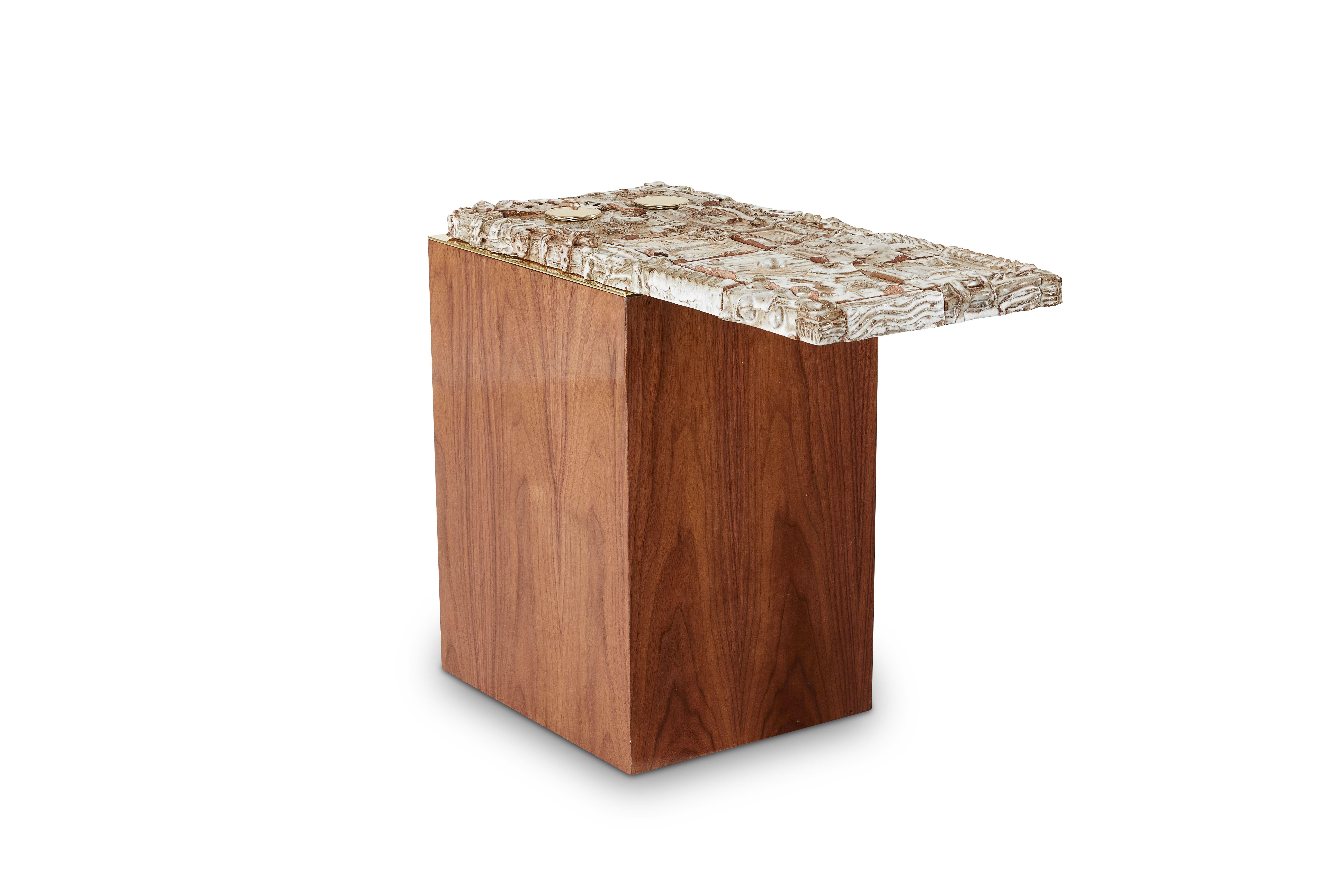 Stellar Float side table by Egg Designs
Dimensions: 75 L X 38.5 D X 56 H cm 
Materials: Walnut Timber, Handmade Ceramic, Polished Brass

Founded by South Africans and life partners, Greg and Roche Dry - Egg is a unique perspective in