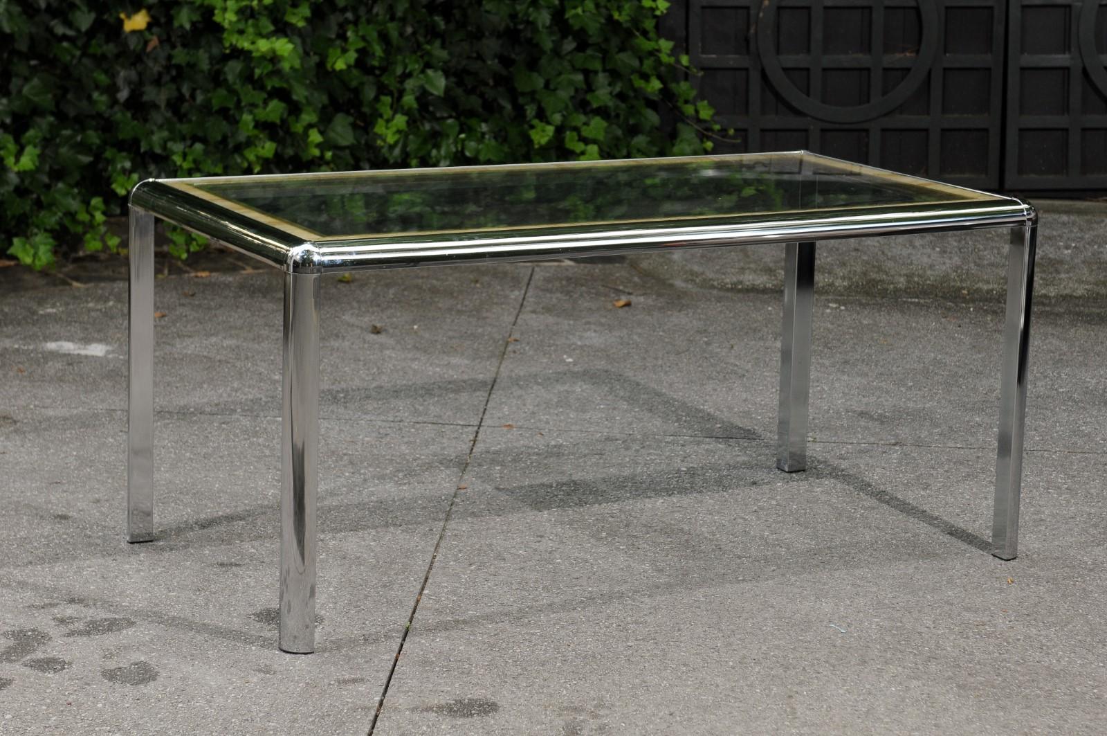 Late 20th Century Stellar Italian Steel, Cane and Brass Dining or Writing Table, circa 1970 For Sale