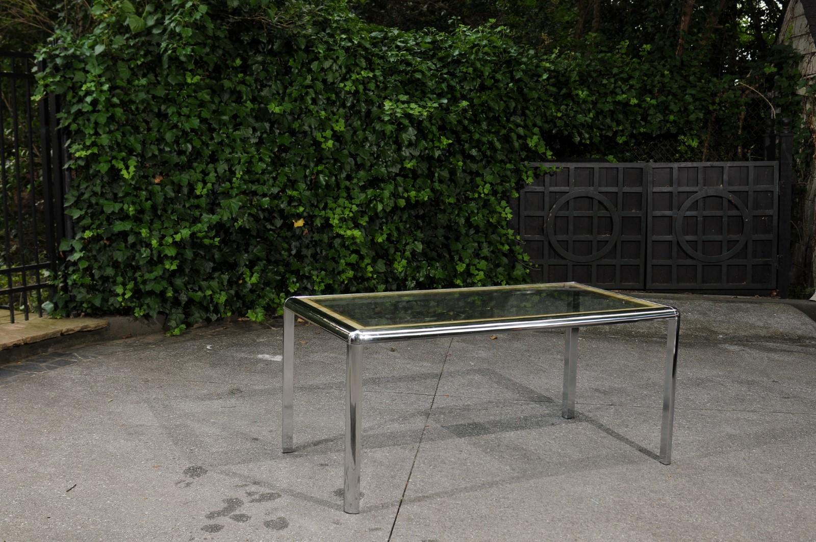 Stellar Italian Steel, Cane and Brass Dining or Writing Table, circa 1970 For Sale 1