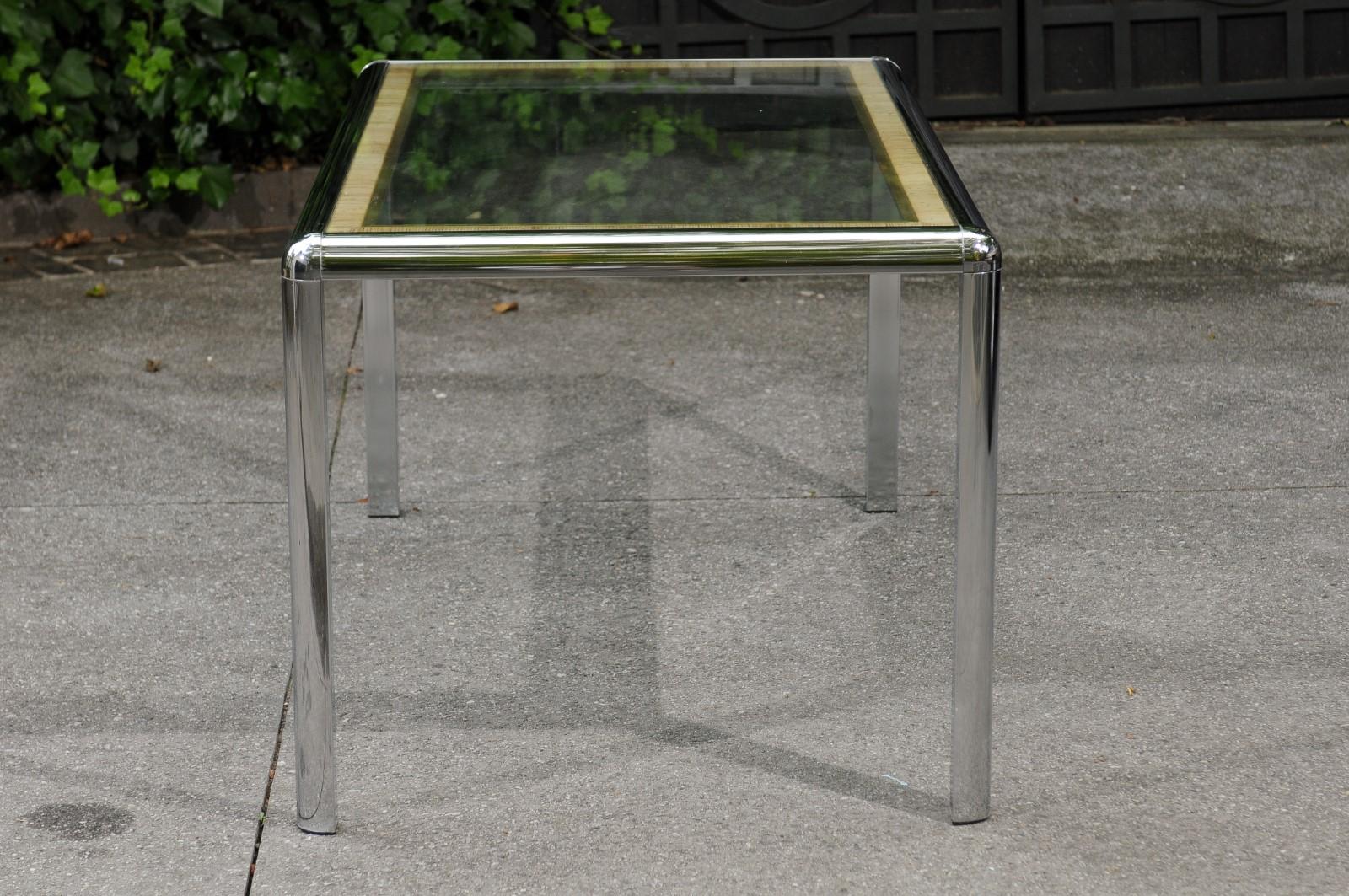 Stellar Italian Steel, Cane and Brass Dining or Writing Table, circa 1970 For Sale 3