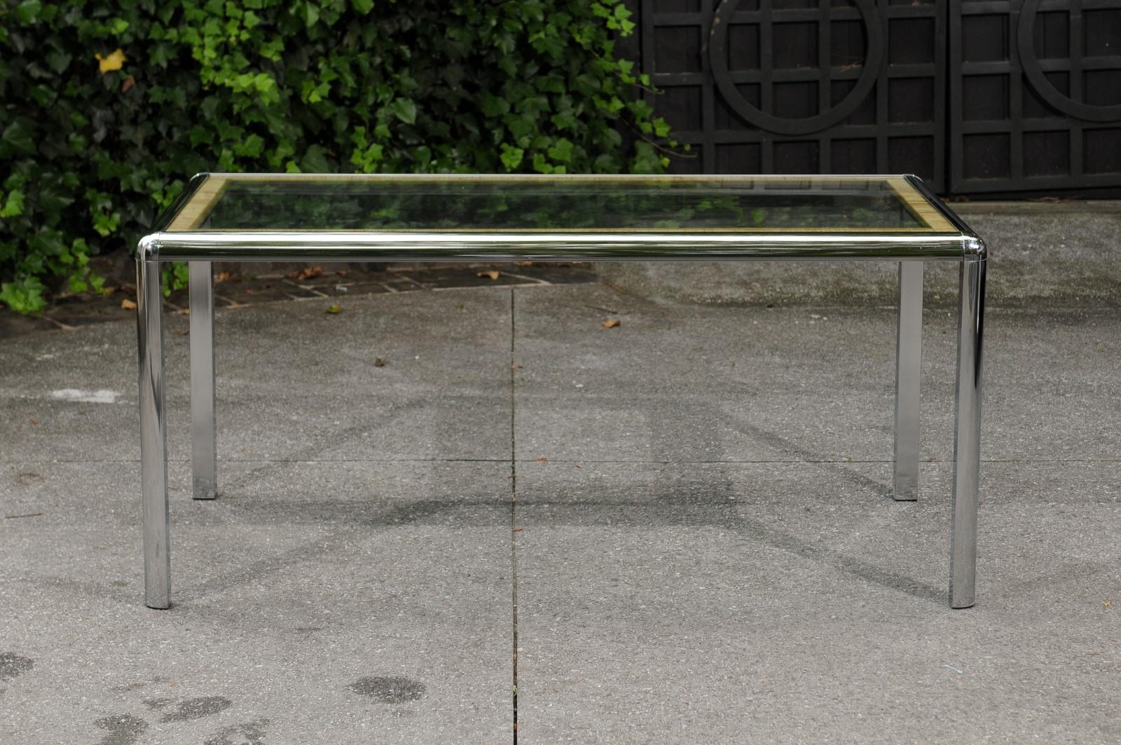 Stellar Italian Steel, Cane and Brass Dining or Writing Table, circa 1970 For Sale 4