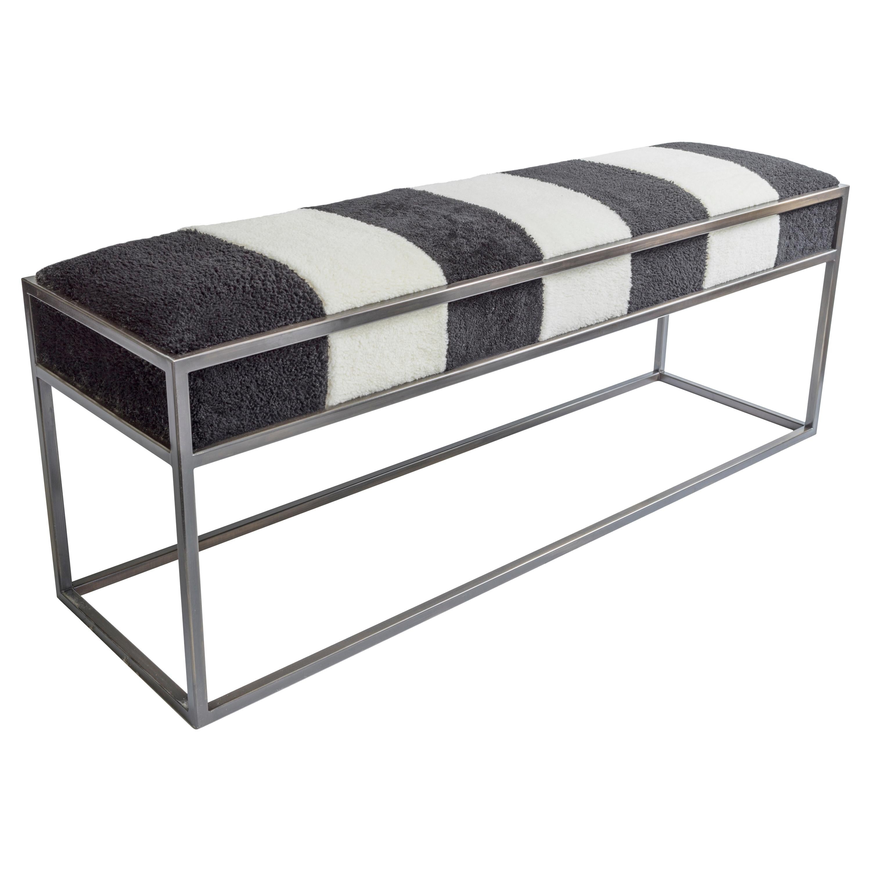 Stellar Living Bench with Monochrome Sheepskin Seat and Industrial Bronze Frame For Sale