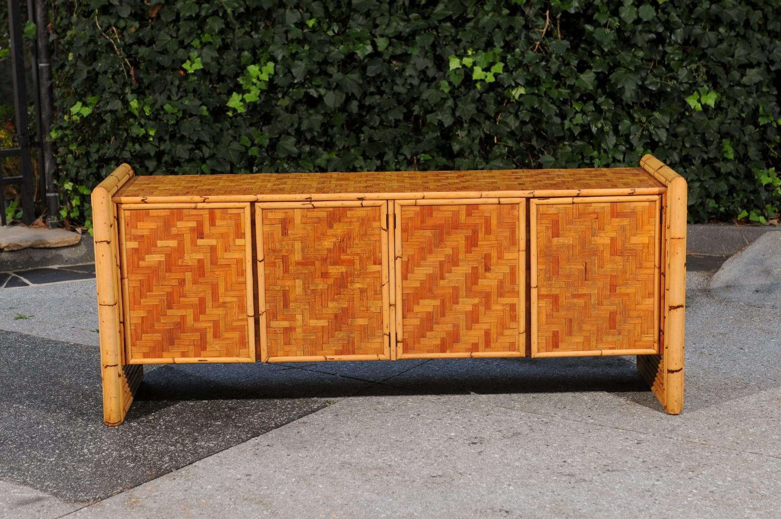 Stellar Meticulously Restored Bamboo and Cane Basketweave Credenza, circa 1975 For Sale 12