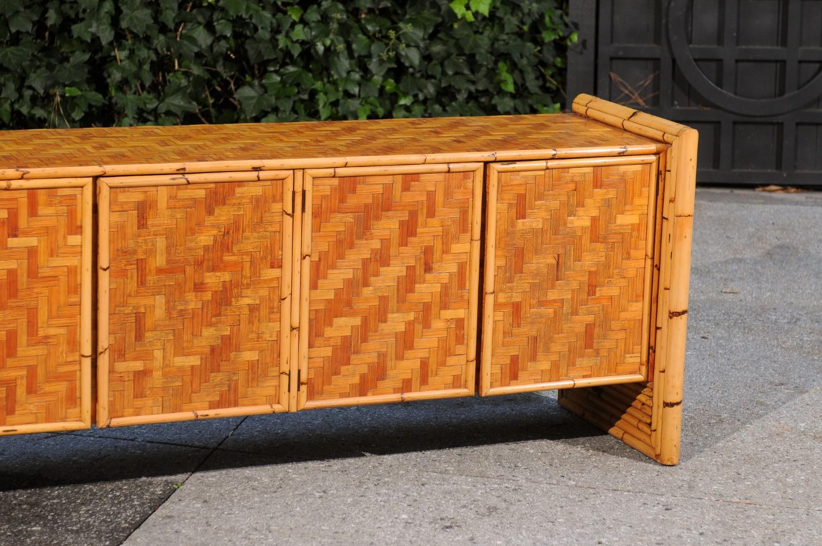 Unknown Stellar Meticulously Restored Bamboo and Cane Basketweave Credenza, circa 1975 For Sale