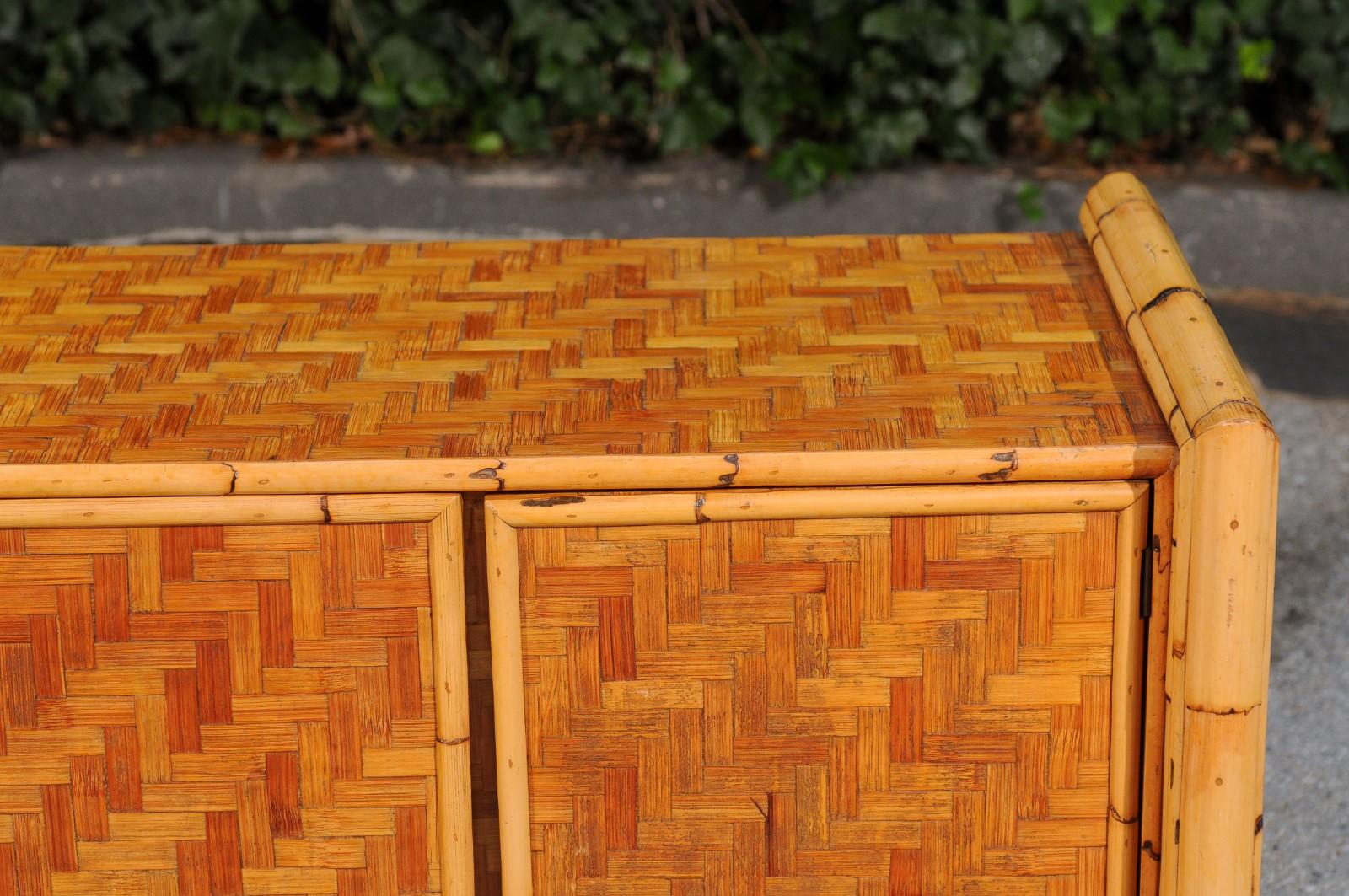 Stellar Meticulously Restored Bamboo and Cane Basketweave Credenza, circa 1975 In Excellent Condition For Sale In Atlanta, GA