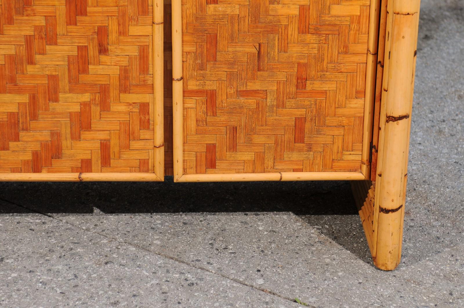 Late 20th Century Stellar Meticulously Restored Bamboo and Cane Basketweave Credenza, circa 1975 For Sale