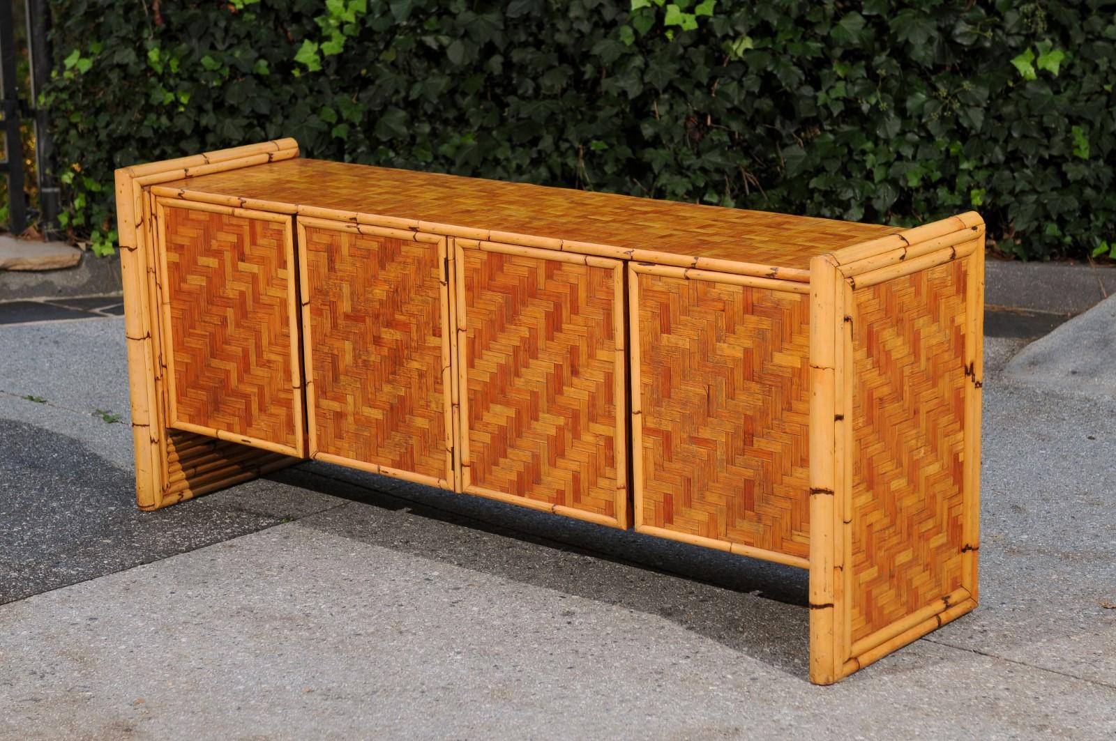 Stellar Meticulously Restored Bamboo and Cane Basketweave Credenza, circa 1975 For Sale 2