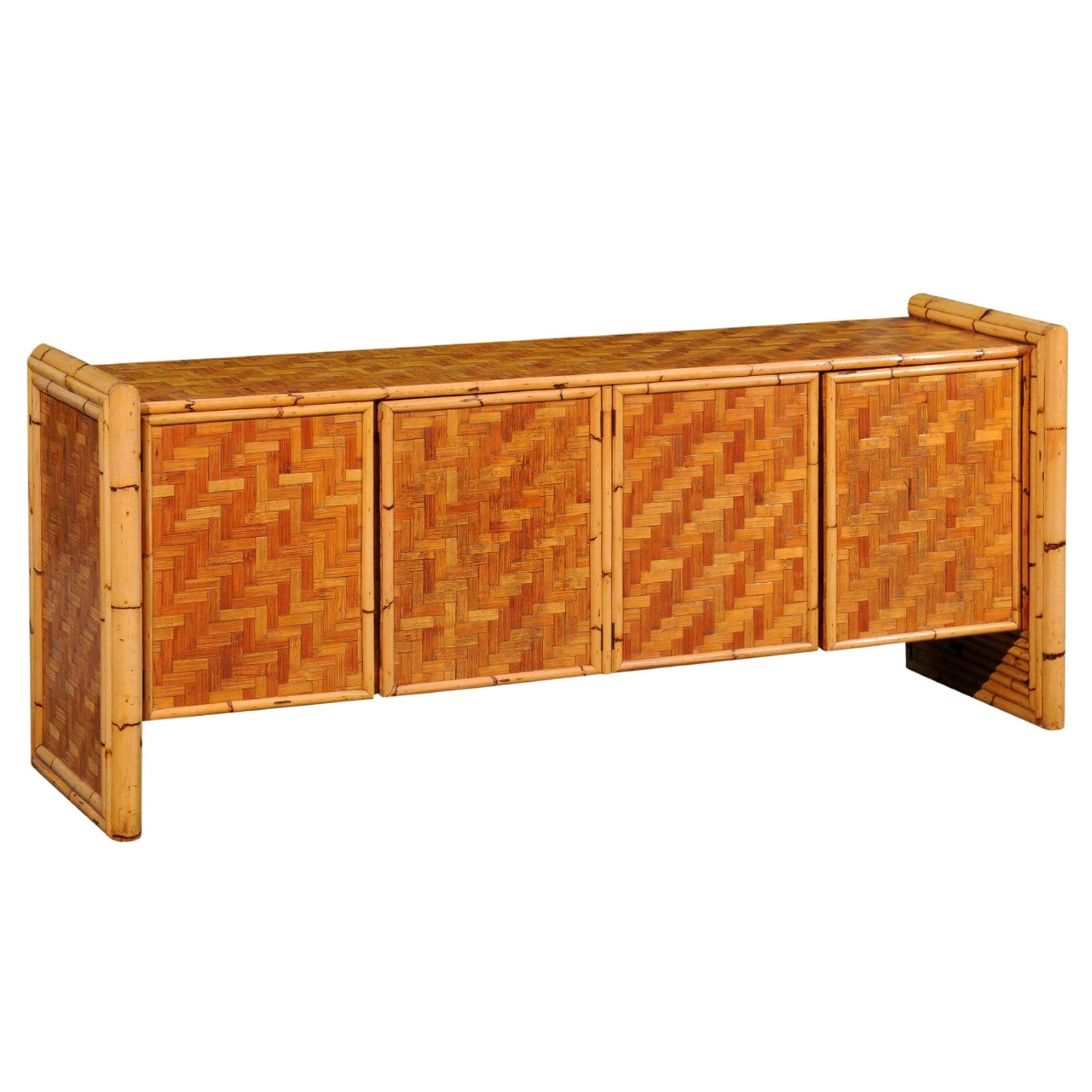 Stellar Meticulously Restored Bamboo and Cane Basketweave Credenza, circa 1975