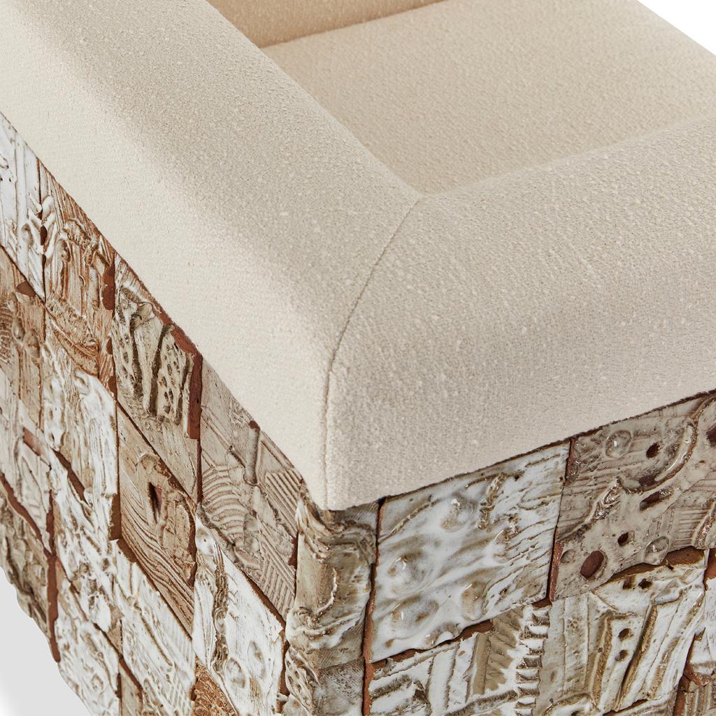Stellar Modern Handmade Ceramic Walnut, Boucle' Upholstered Luxury Dining Chair For Sale 4