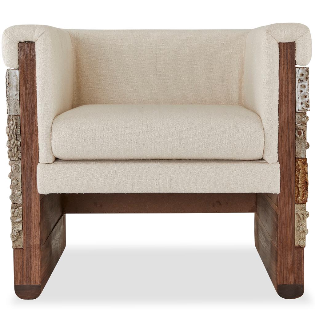 South African Stellar Modern Handmade Ceramic Walnut, Boucle' Upholstered Luxury Dining Chair For Sale