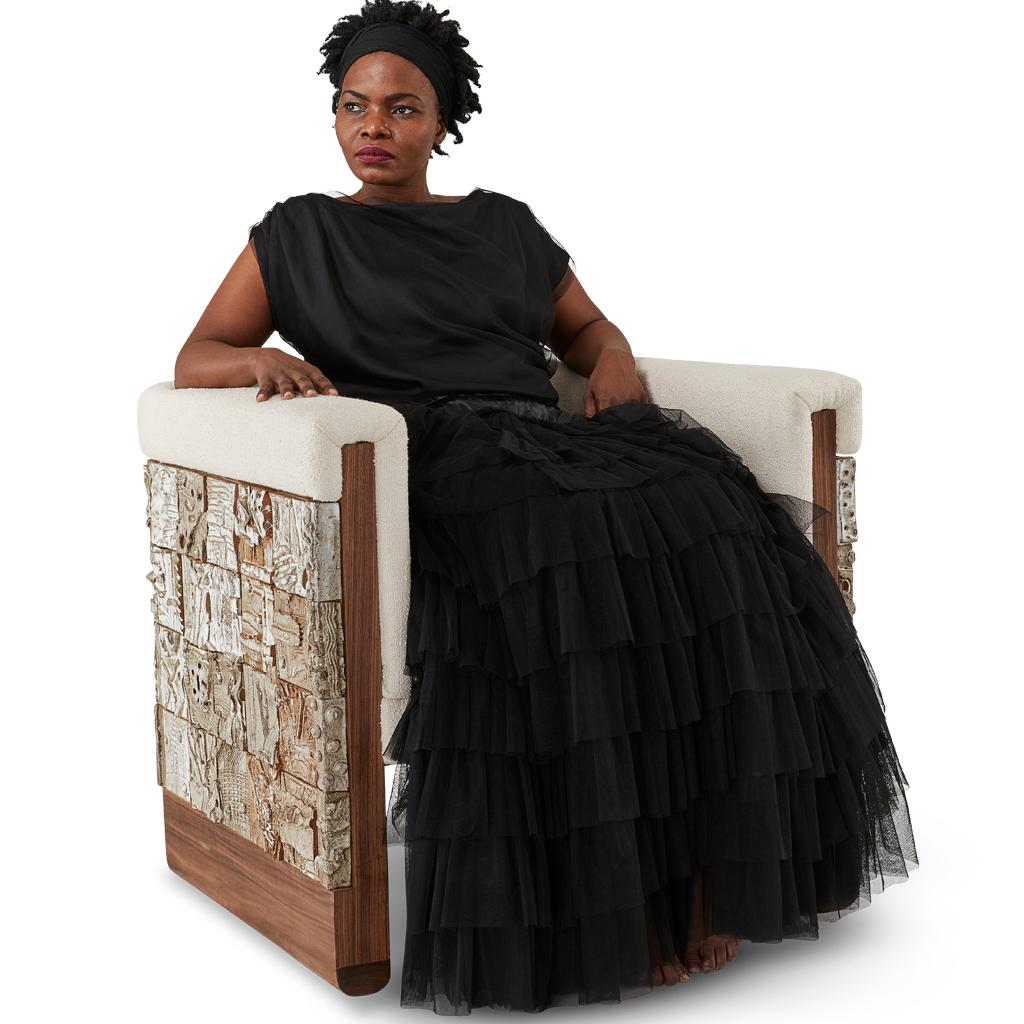 Stellar Modern Handmade Ceramic Walnut, Boucle' Upholstered Luxury Dining Chair For Sale 1