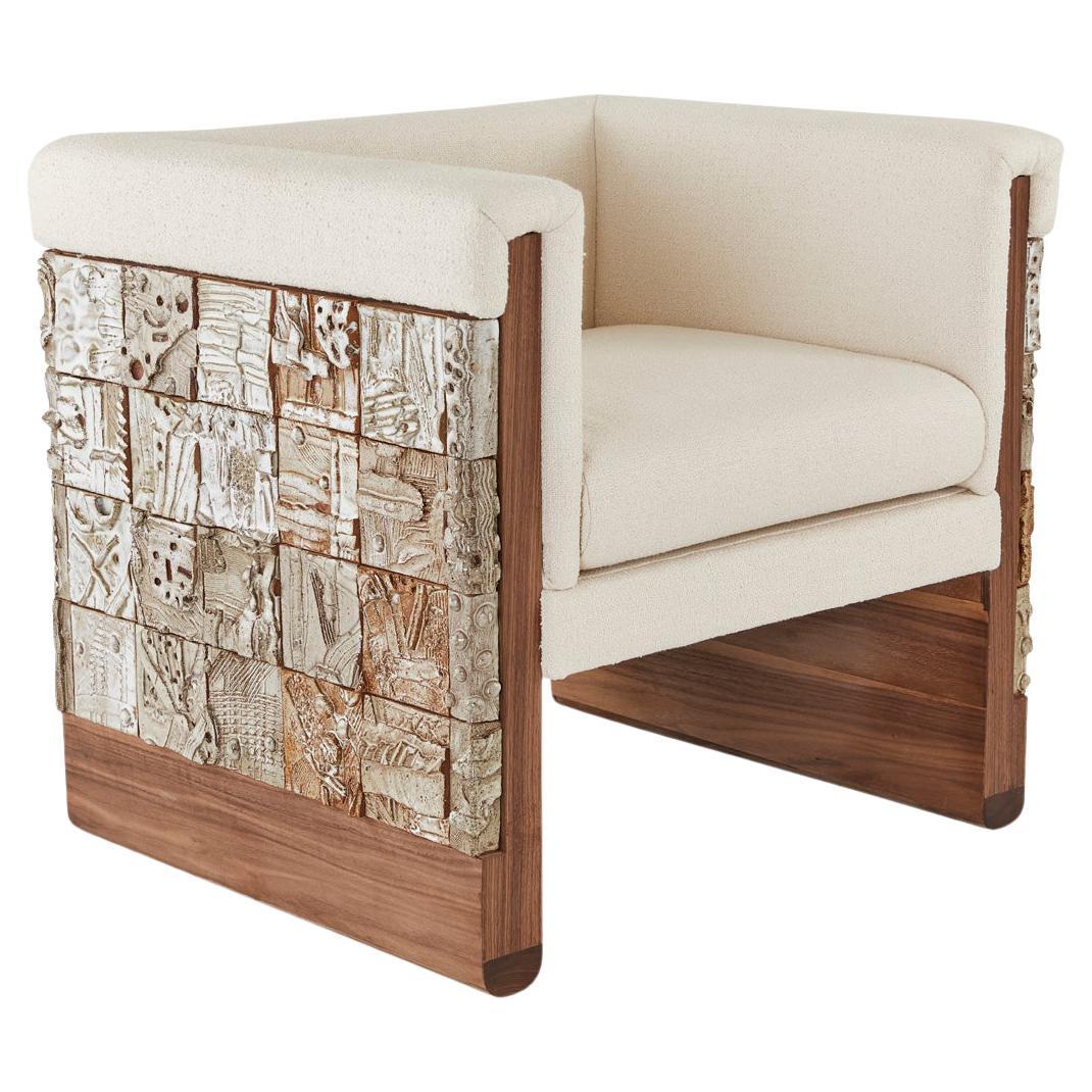 Stellar Modern Handmade Ceramic Walnut, Boucle' Upholstered Luxury Dining Chair