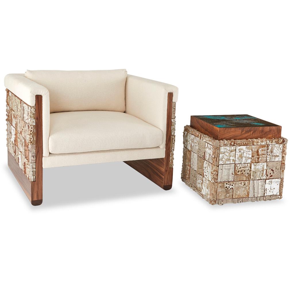Stellar Modern Handmade Ceramic Walnut, Boucle' Upholstered Luxury Lounge Chair For Sale 2