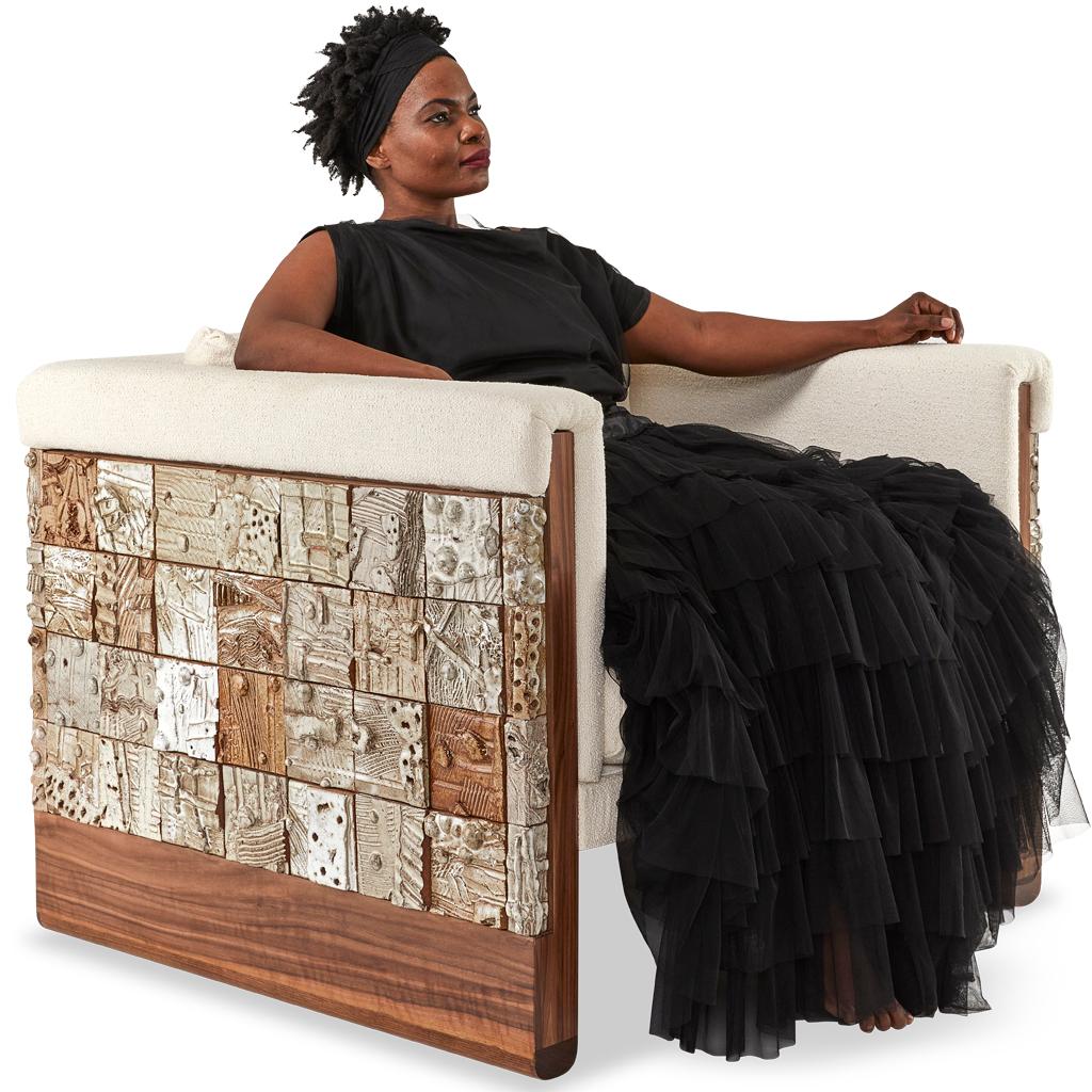 Contemporary Stellar Modern Handmade Ceramic Walnut, Boucle' Upholstered Luxury Lounge Chair For Sale