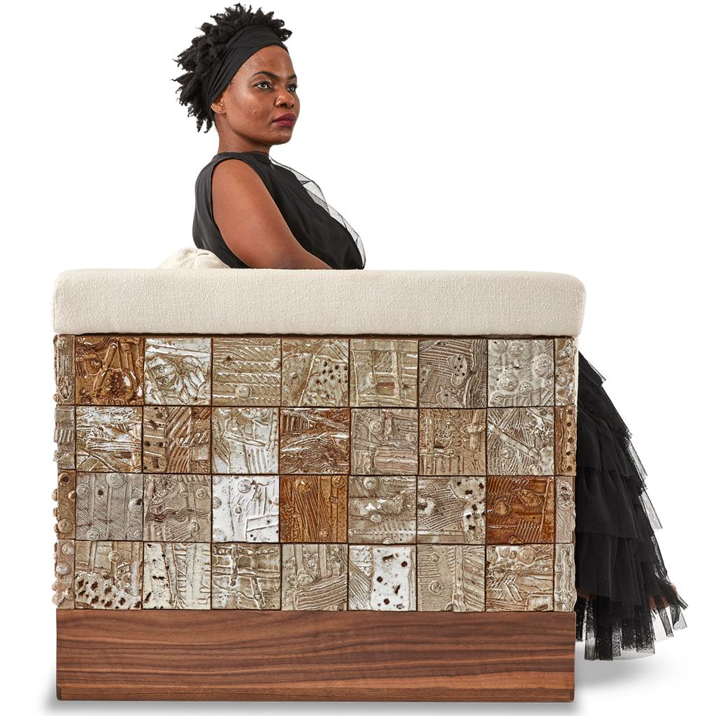 Stellar Modern Handmade Ceramic Walnut, Boucle' Upholstered Luxury Lounge Chair For Sale 1
