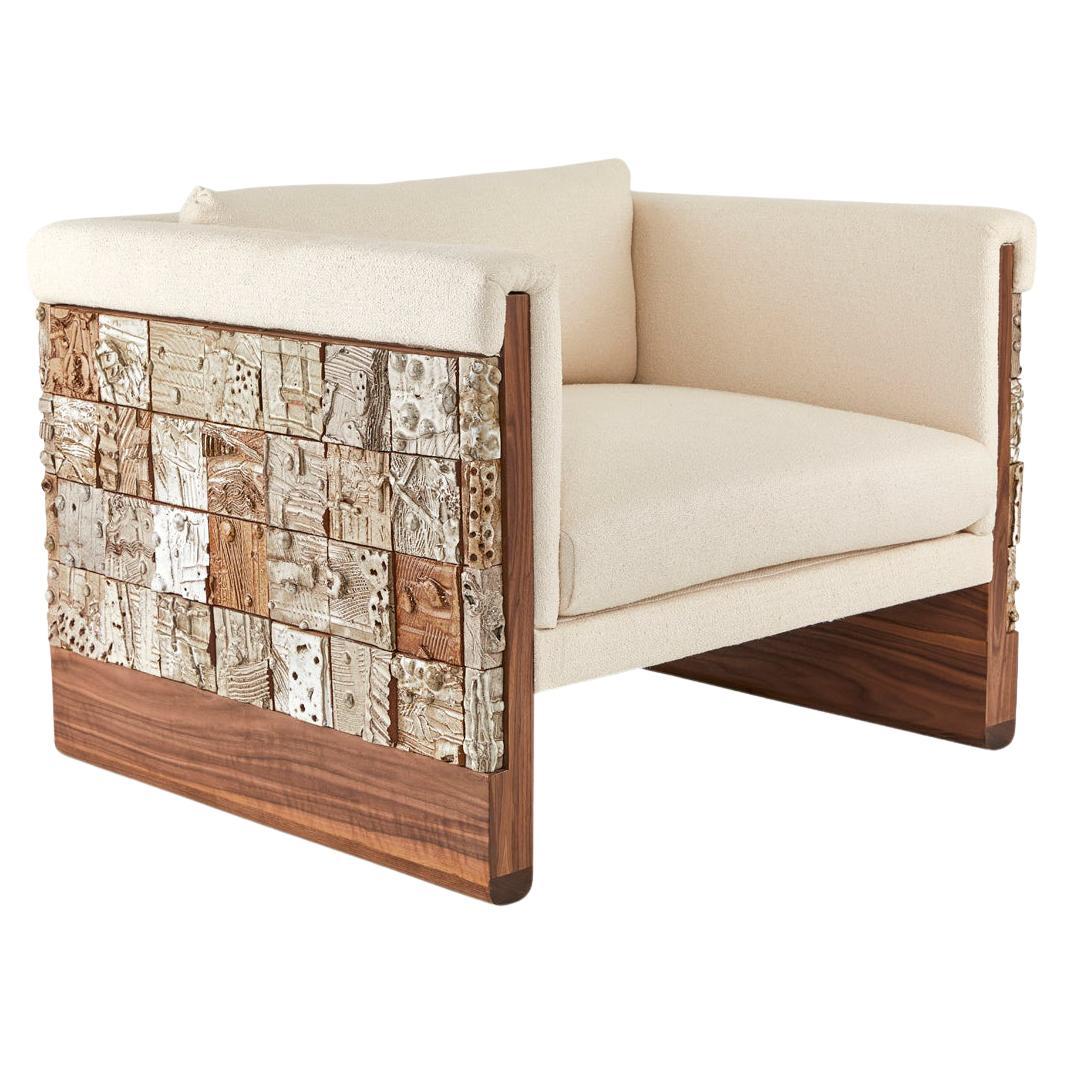 Stellar Modern Handmade Ceramic Walnut, Boucle' Upholstered Luxury Lounge Chair For Sale