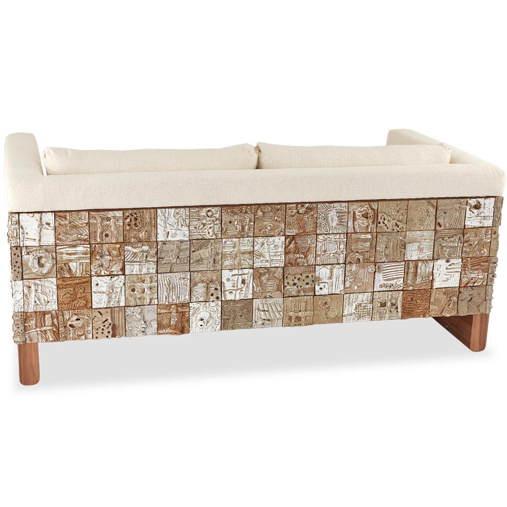 South African Stellar Modern Handmade Ceramic, Walnut, Boucle' Upholstered Luxury Sofa For Sale