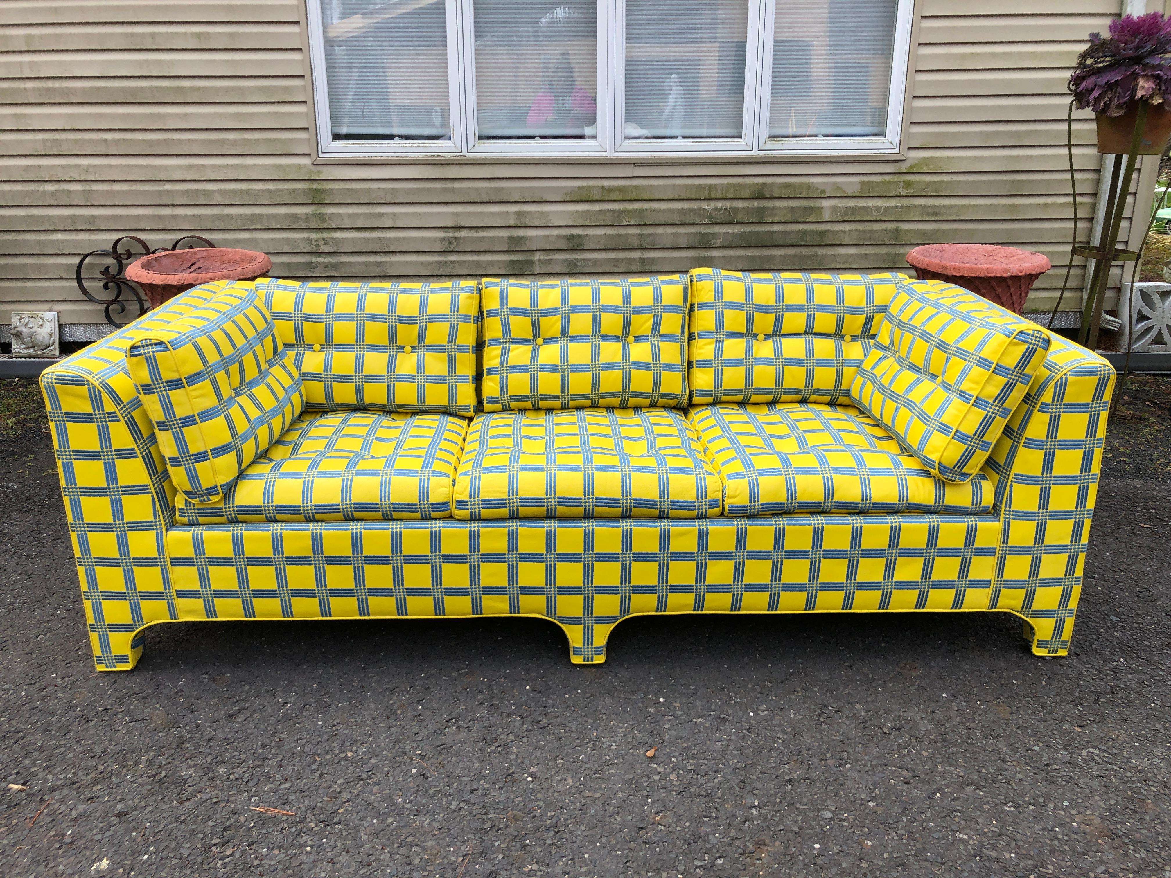 Stellar Pair Milo Baughman Yellow Leather Parsons Sofas Mid-Century Modern For Sale 1