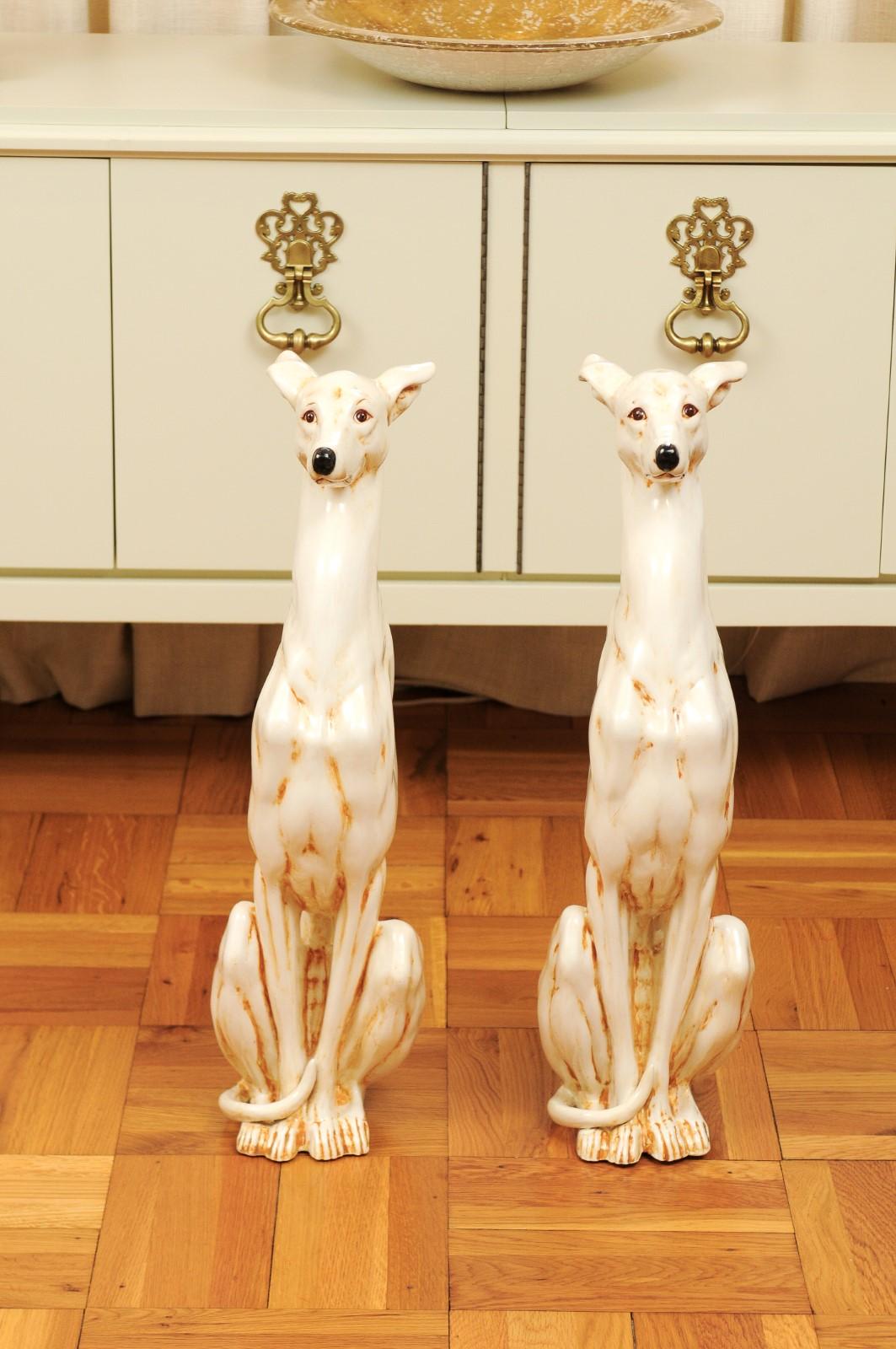 Late 20th Century Stellar Pair of Italian Glazed Ceramic Whippet Sculptures, circa 1970