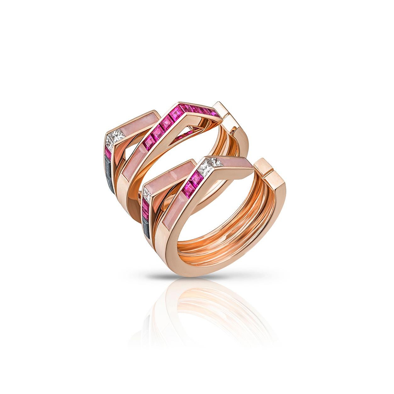 This pair of stack rings can be worn together or separately and feature channel-set baguette and square-cut diamonds and gemstones.
Materials: 18K Rose Gold set with White Diamonds, Mozambique Rubies, Pink Opal and Hematite.
Made to order within 5