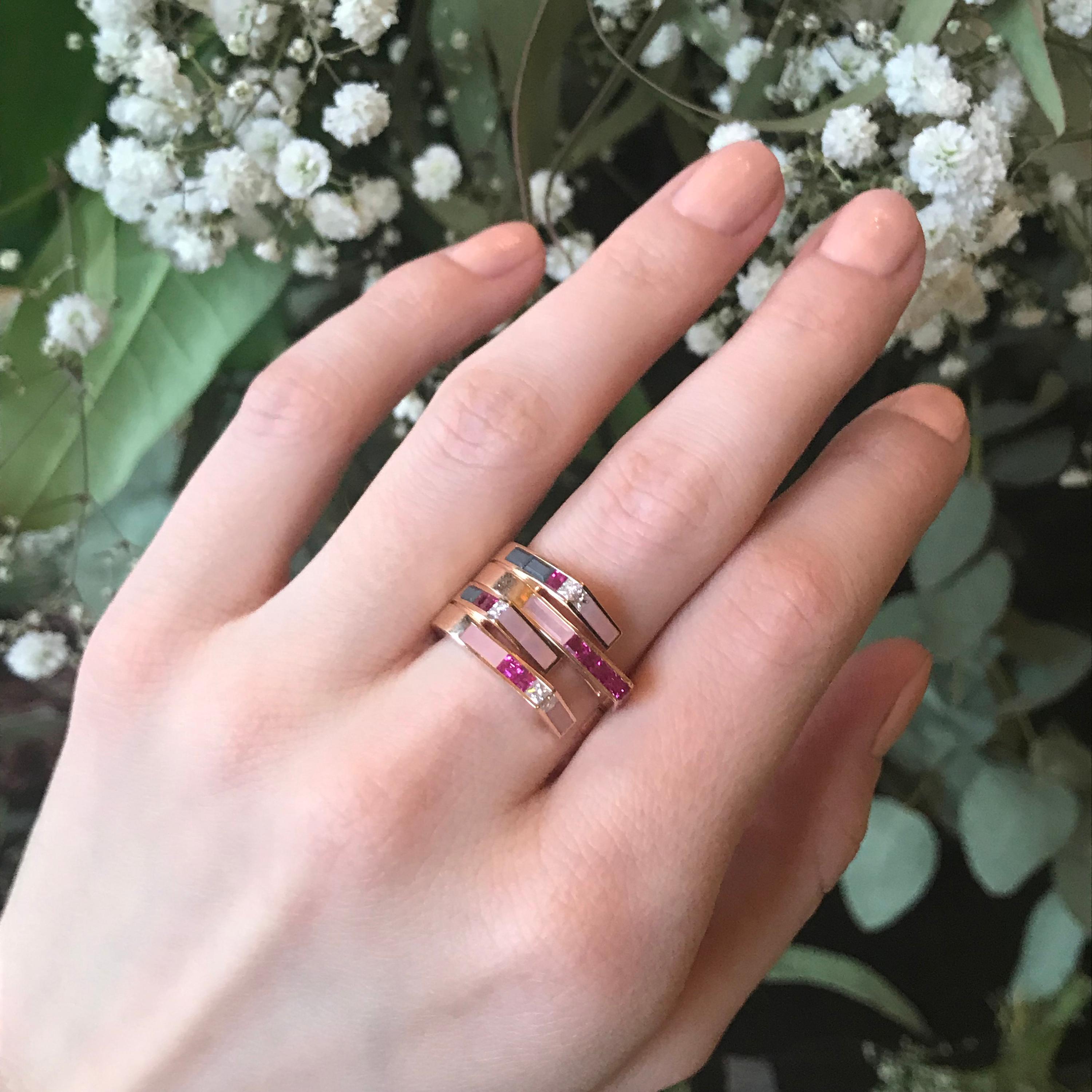 Baguette Cut Stellar Pair of Ruby and Diamond Stack Rings For Sale