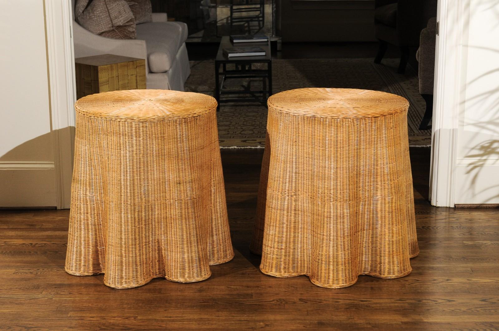 An exquisite pair of difficult to find vintage Trompe L'oiel Wicker end tables. Fabulous design, craftsmanship and execution - aged to absolute perfection. A magnificent dramatic illusion! Excellent restored condition. The tables have been