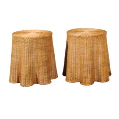 Stellar Pair of Vintage Trompe L'oiel Drape Wicker Tables