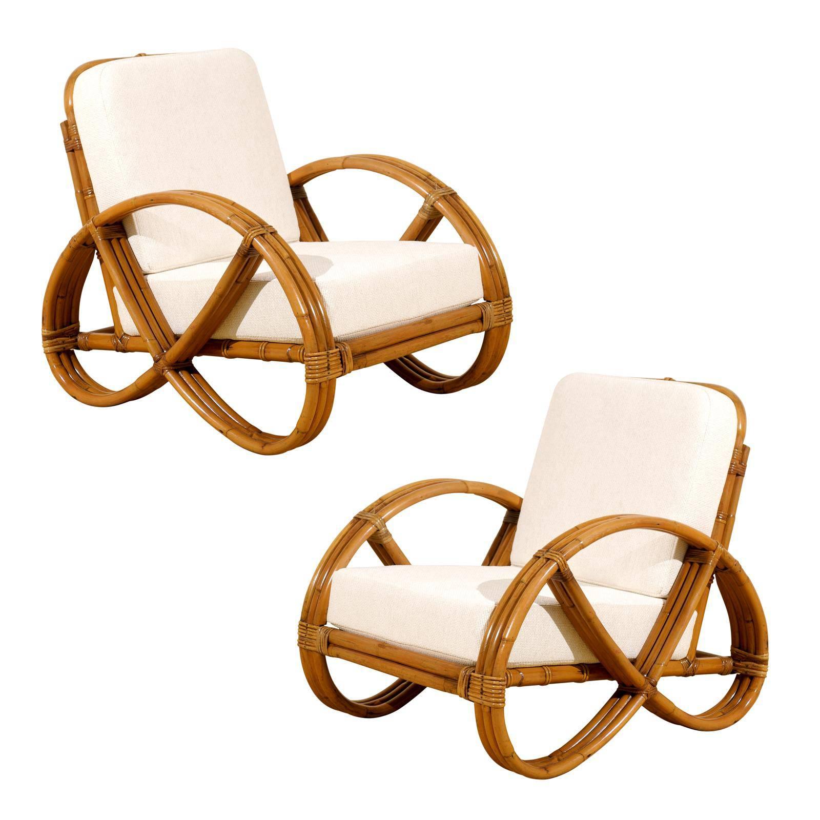 Stellar Restored Pair of Rattan Pretzel and Cane Loungers, circa 1940 For Sale