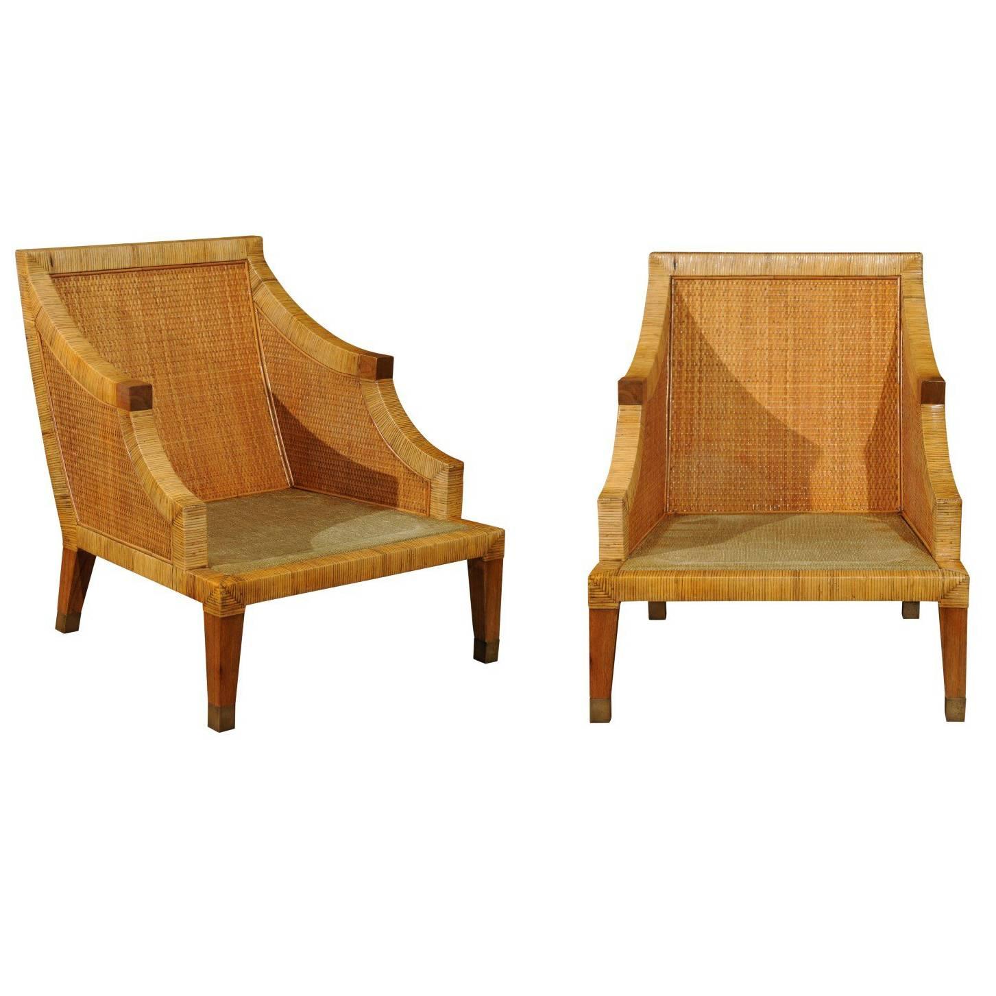Stellar Restored Pair of Vintage Cane Wrapped Club Chairs by Bielecky Brothers