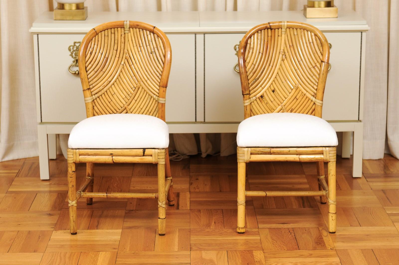 American Stellar Restored Set of 10 Rattan Parquetry Bistro Chairs by McGuire, circa 1975 For Sale