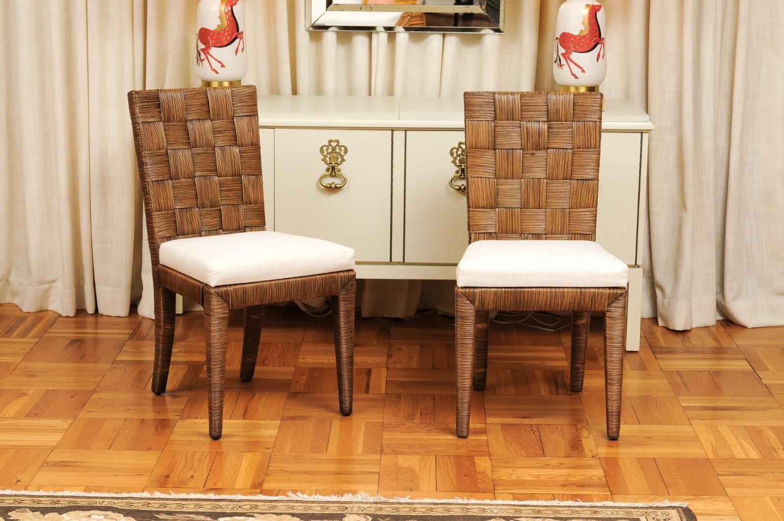 This magnificent large set of organic dining chairs is shipped as professionally photographed and described in the listing narrative: Meticulously professionally restored, newly custom upholstered and installation ready. Expert custom upholstery