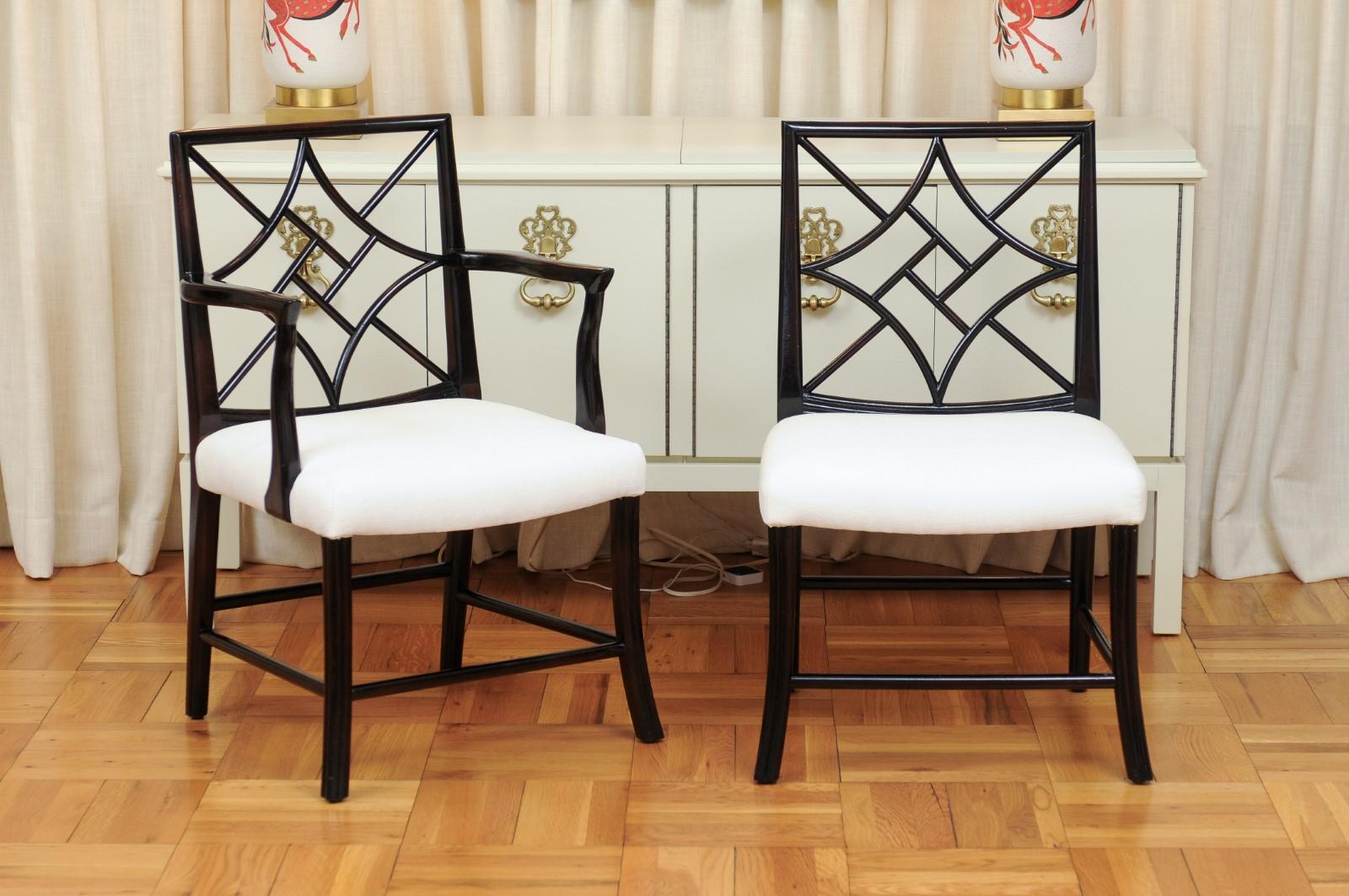 This magnificent unique set of dining chairs is shipped as professionally photographed and described in the listing narrative: Meticulously professionally restored, newly upholstered and completely installation ready. Expert custom upholstery